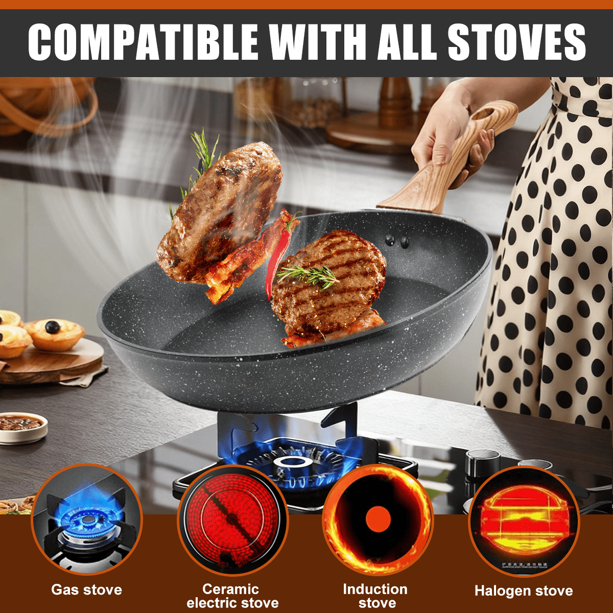 Soulfox 3-Piece Granite Nonstick Fry Pan Set with Lid 8.6/9.4/11" Aluminum All Stove&Dishwasher Safe