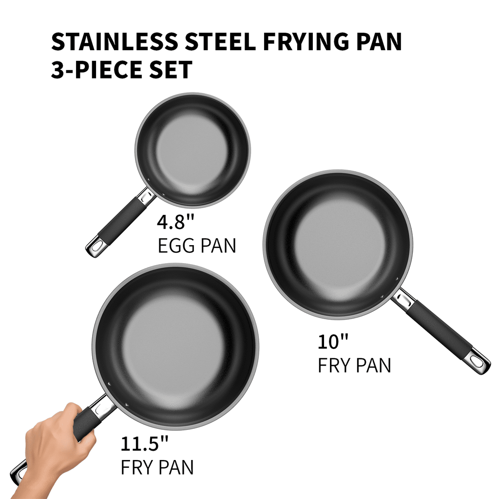 Non Stick Frying Pans, Stainless Steel Kitchen Nonstick Cookware Set of 3, 10” 11.5” 5” Pan, Compatible with All Stoves