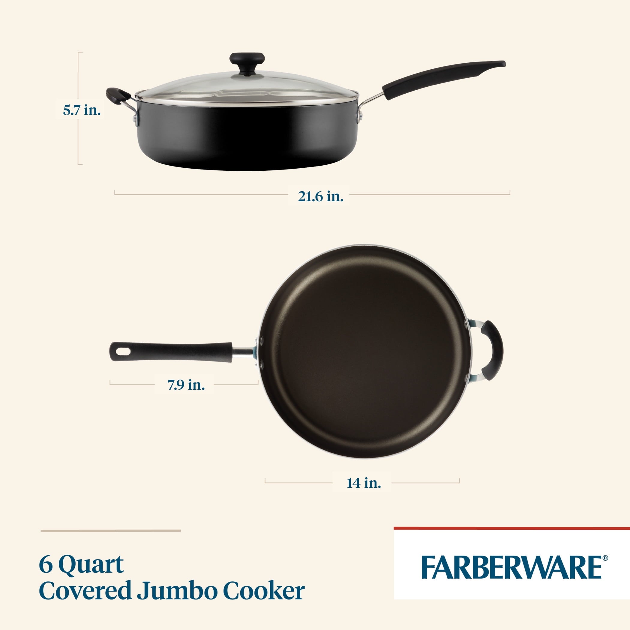 Farberware Easy Clean 6 Quart Nonstick Jumbo Cooker / Chef's Pan with Helper Handle and Glass Lid, Great for Family Meals, Dishwasher Safe, Black