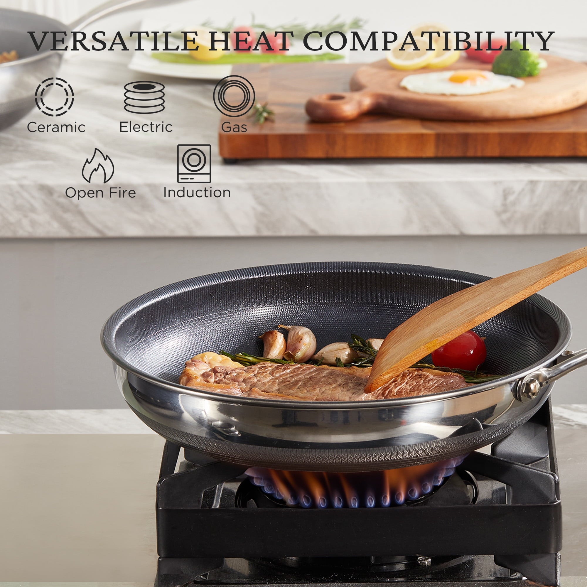 KITEXPERT Nonstick Frying Pans Set, 6 Pcs (8, 10, 12") Skillet with Lid, Non-Toxic Titanium Ceramic Pan, Dishwasher & Oven Safe, All Cooktops Compatible