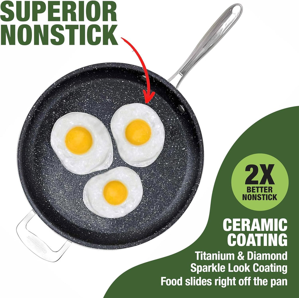 Granitestone 14 Inch Large Frying Pan with Lid, Ceramic Non Stick Frying Pans Skillet, Non Toxic Frying Pans Nonstick for Sauté & Cooking, Oven & Dishwasher Safe