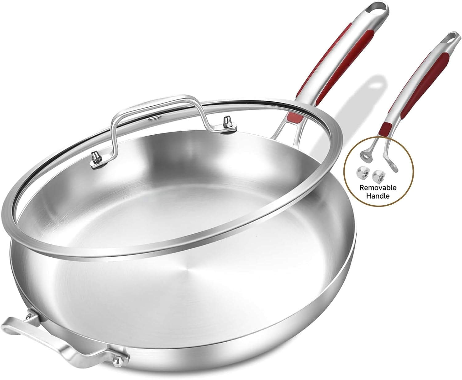 Inqibee Frying Pan with Lid Tri-Ply Stainless Steel,Detachable Handle,Induction Compatible 12 inch.