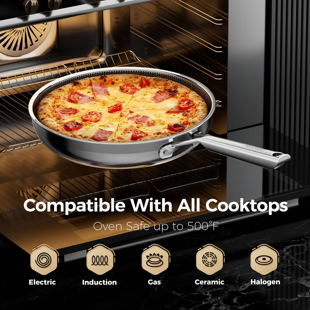 naturepan 11 Inch 3-Ply Hybrid Ceramic Frying Pan, Diamond-Titanium Nonstick Stainless Steel Pan, Hexagon Surface, Dishwasher Safe & Oven Safe