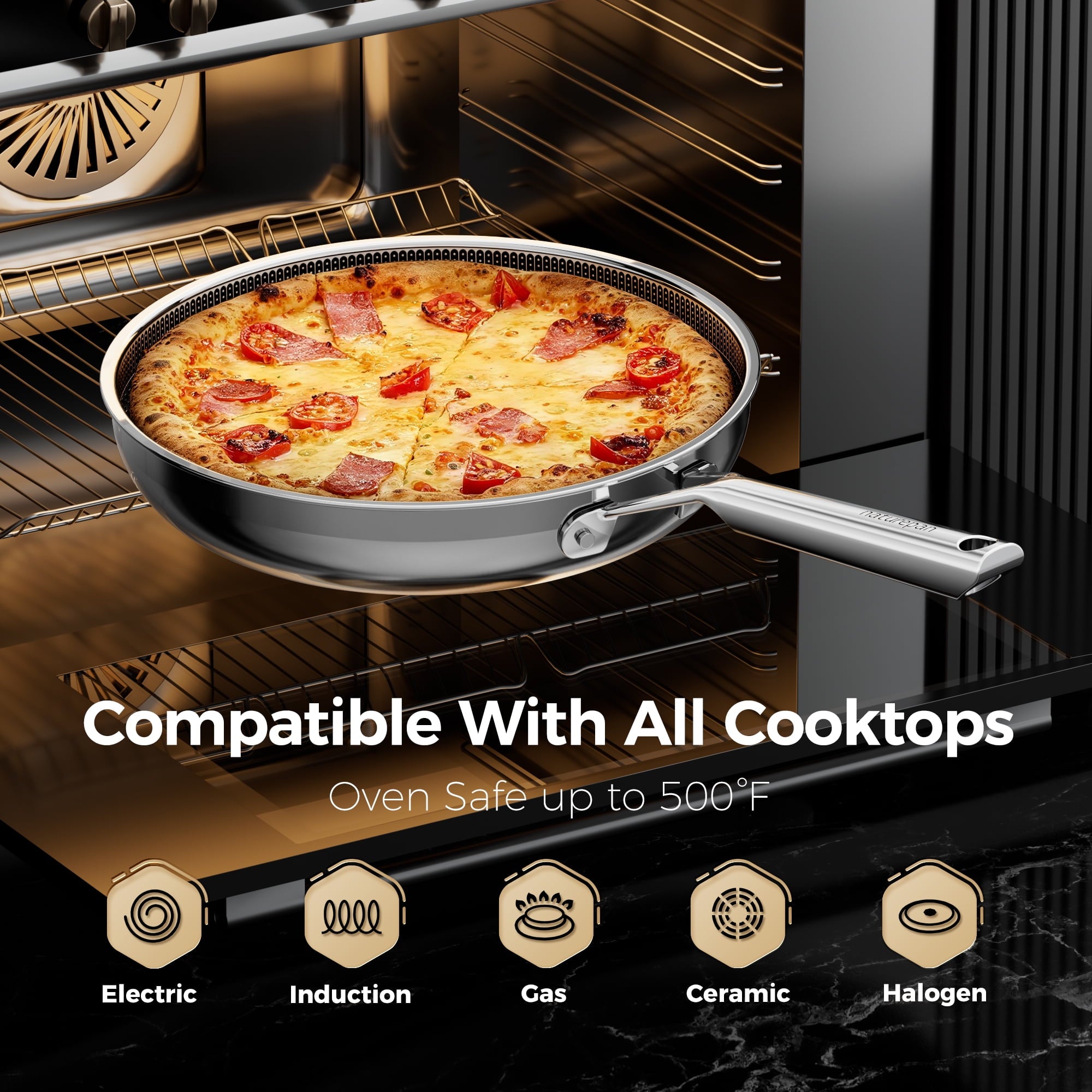 naturepan 11 Inch 3-Ply Hybrid Ceramic Frying Pan, Diamond-Titanium Nonstick Stainless Steel Pan, Hexagon Surface, Dishwasher Safe & Oven Safe