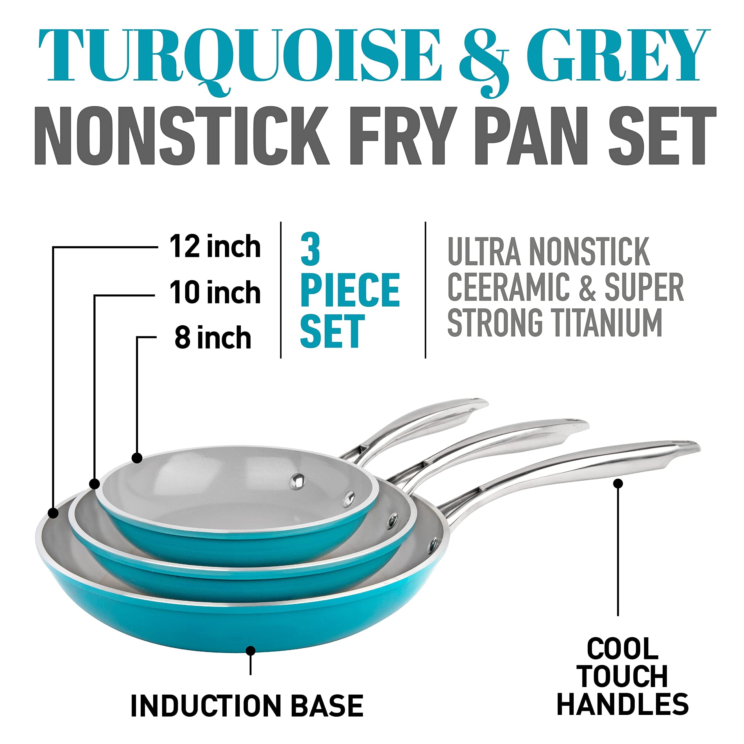 Gotham Steel Diamond Nonstick Frying Pan 3 Piece Set Skillets Ceramic Cooking Pan Induction Oven Safe Aqua Blue Gray