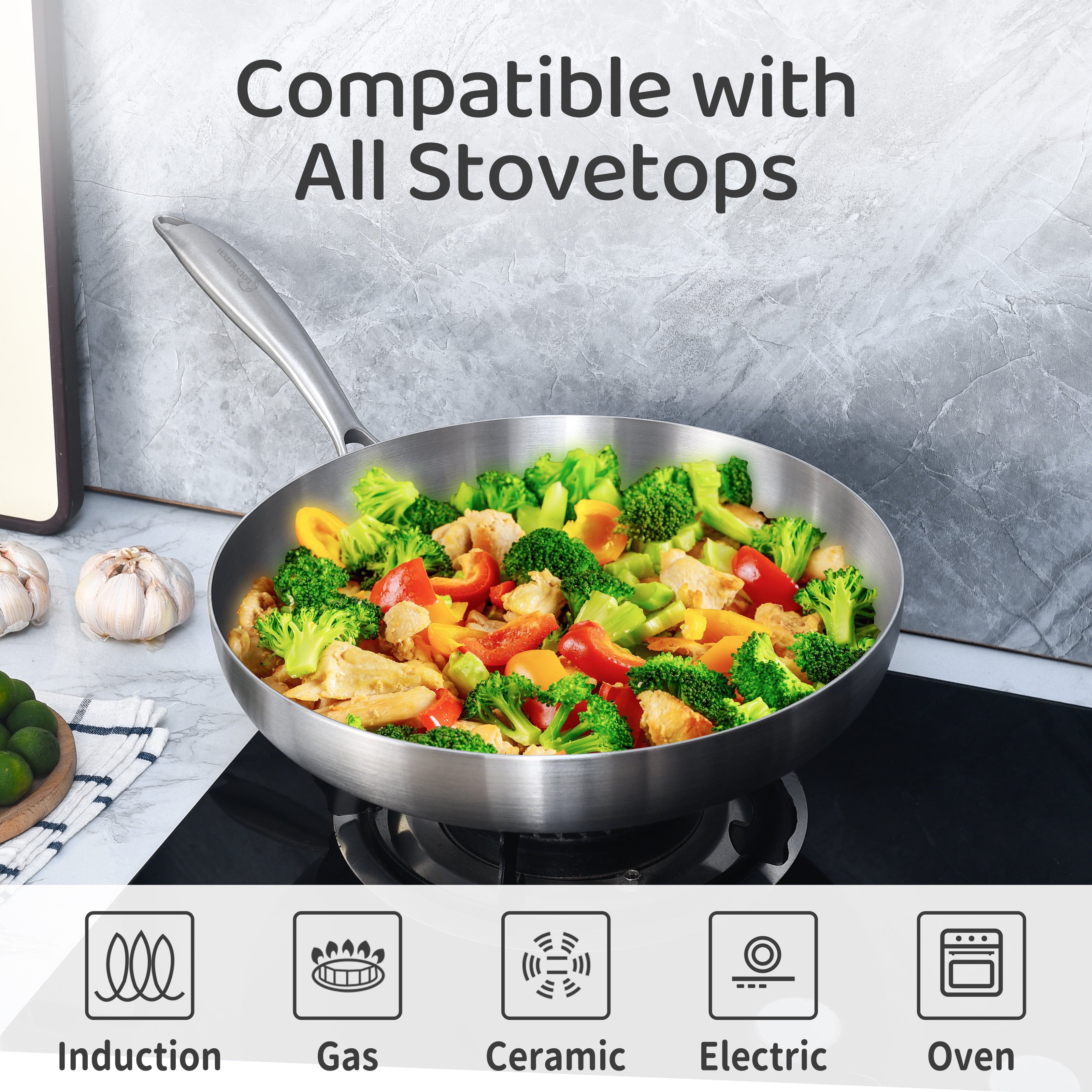 LOLYKITCH Stainless Steel Frying Pan with Lid,12 inch Tri-ply Skillet,Induction Pan,Dishwasher and Oven Safe,Detachable Handle.