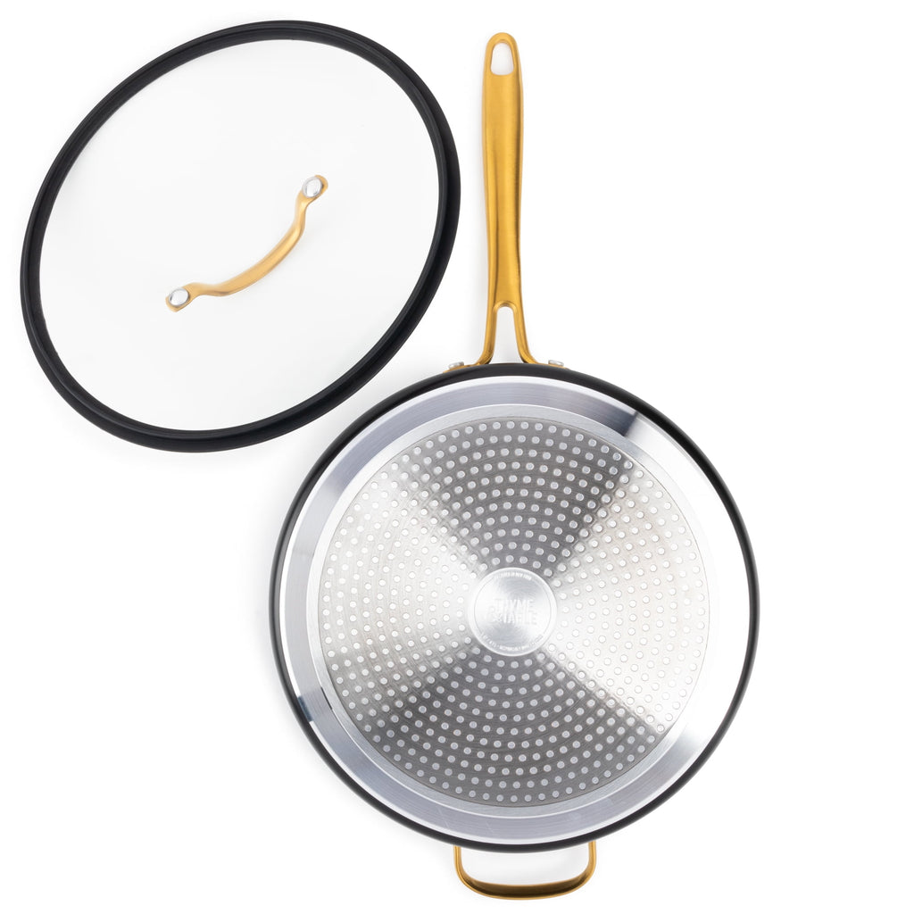 Thyme & Table Non-Stick 5 Quart Signature Sauté Pan with Glass Lid, Black & Gold