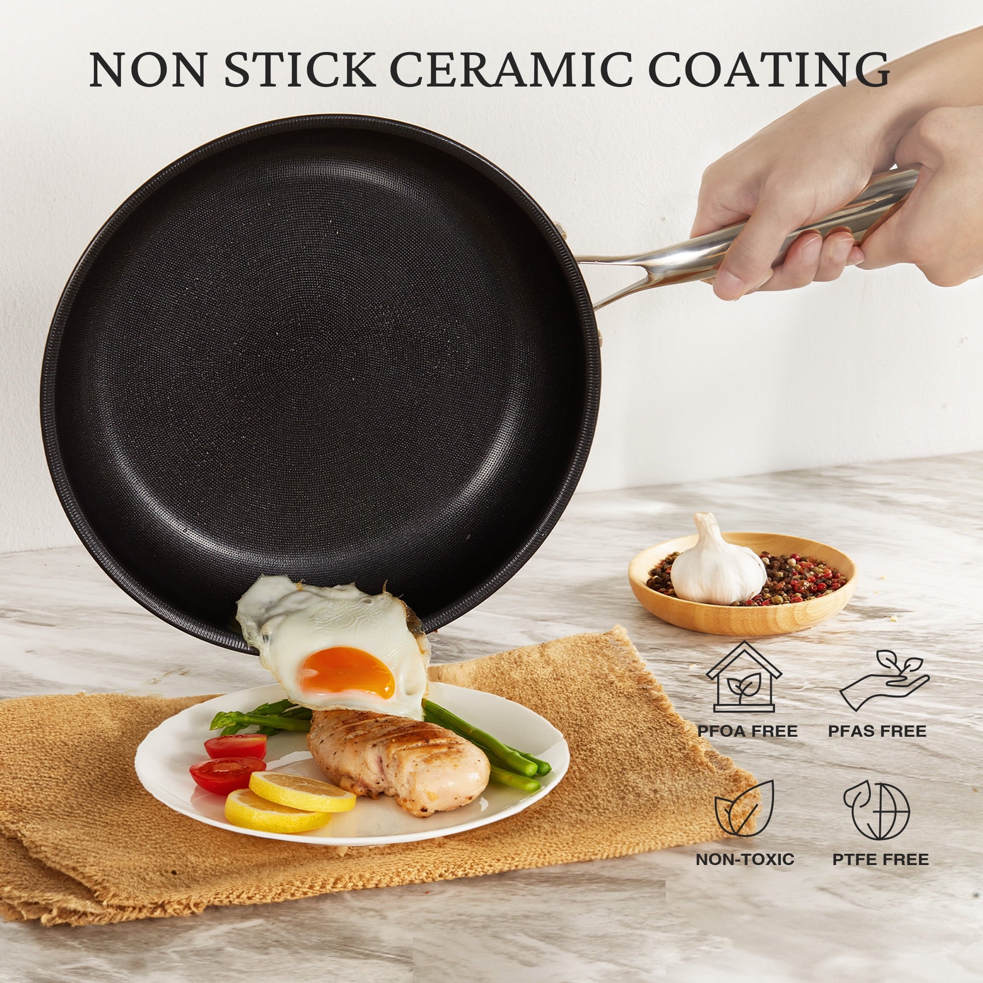 KITEXPERT Nonstick Frying Pans Set, 6 Pcs (8, 10, 12") Skillet with Lid, Non-Toxic Titanium Ceramic Pan, Dishwasher & Oven Safe, All Cooktops Compatible