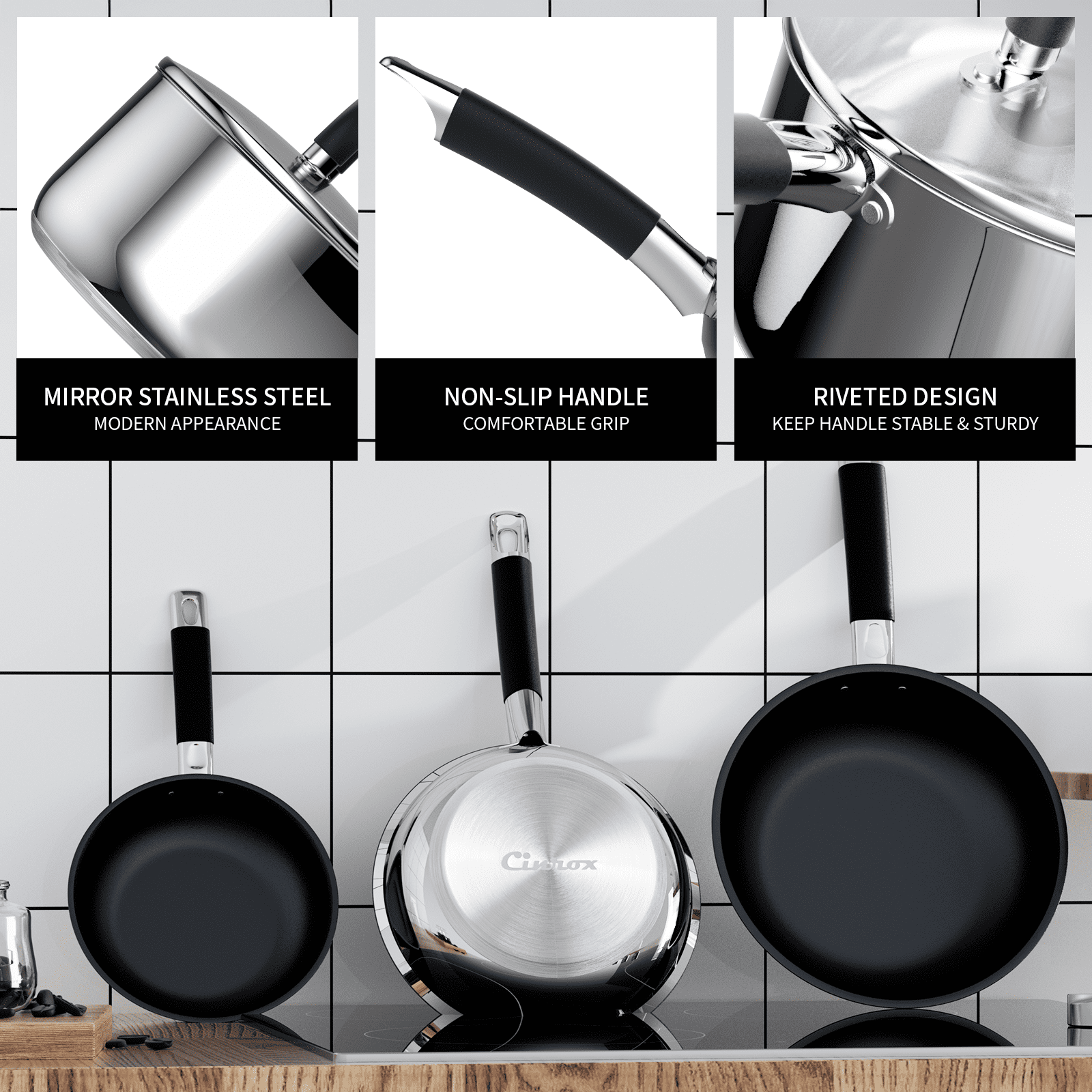 Non Stick Frying Pans, Stainless Steel Kitchen Nonstick Cookware Set of 3, 10” 11.5” 5” Pan, Compatible with All Stoves