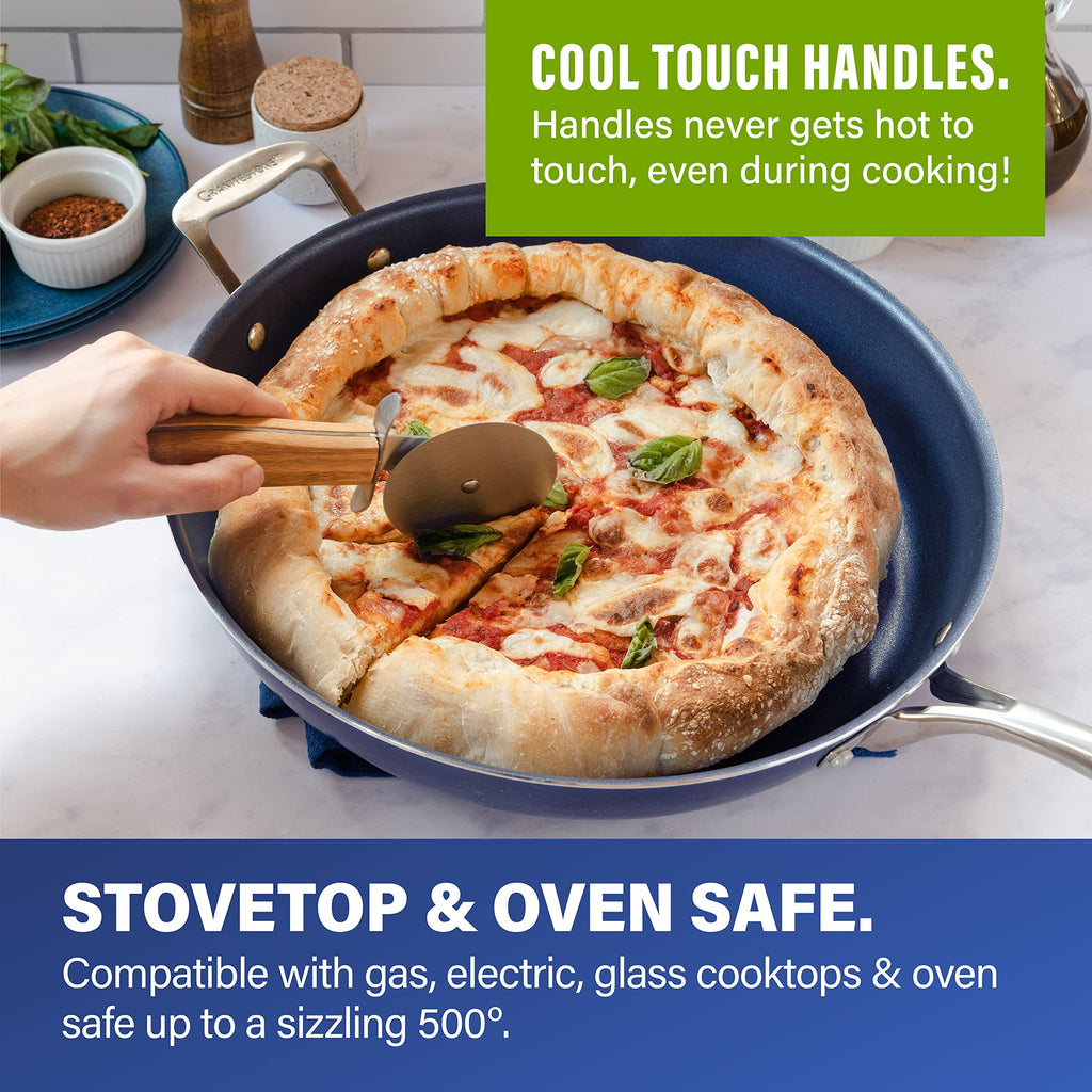 Granitestone Armor Max 14 Inch Frying Pan with Lid, Large Non Stick Skillet for Cooking, Frying Pans Nonstick, Ultra Durable Mineral and Diamond Coating, Skillet, Oven/Dishwasher Safe, Blue