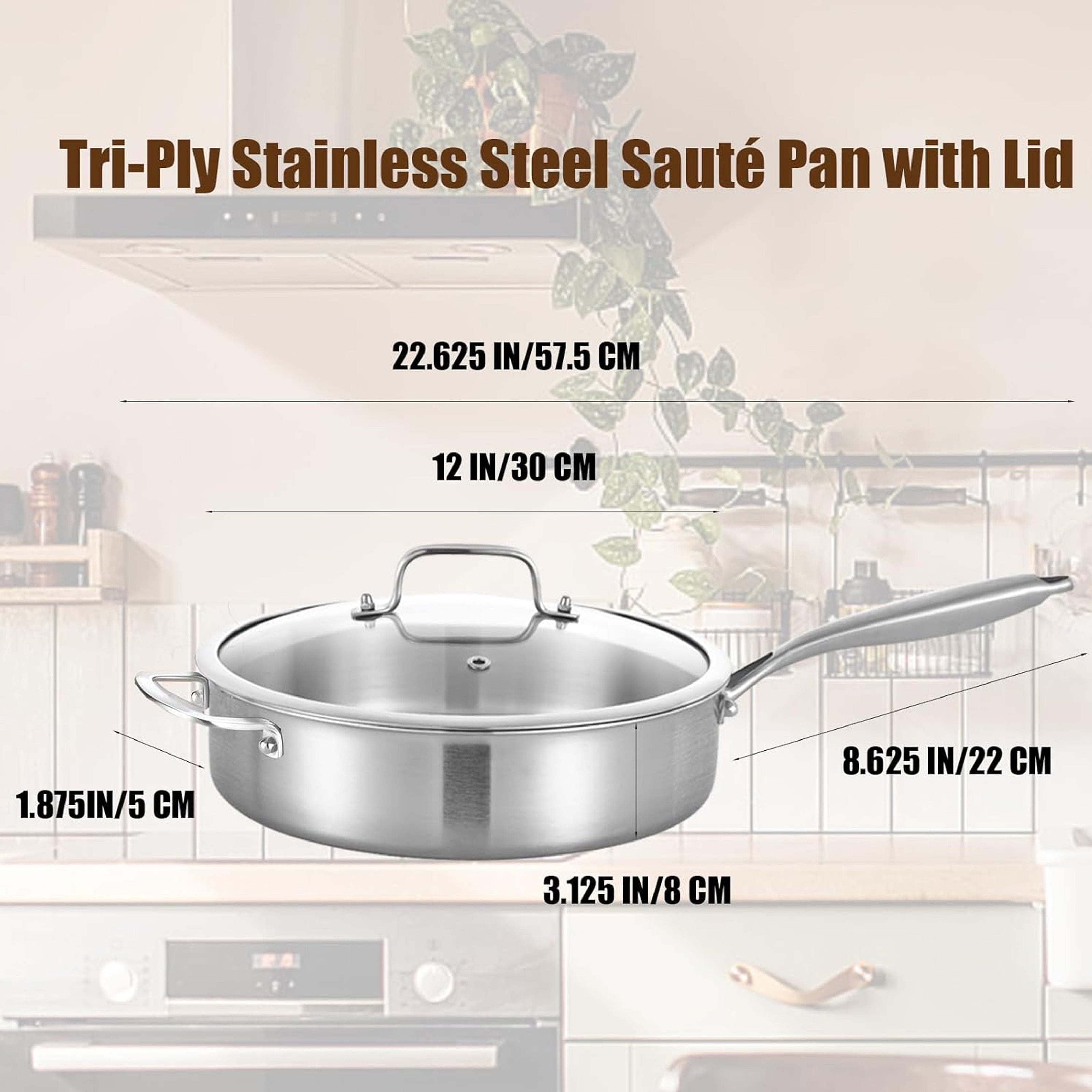 LOLYKITCH Tri-ply Stainless Steel 6QT Sauté Pan with Lid,12 inch Deep Frying Pan,Jumbo Cooker,Dishwasher and Oven Safe,Detachable Handle.