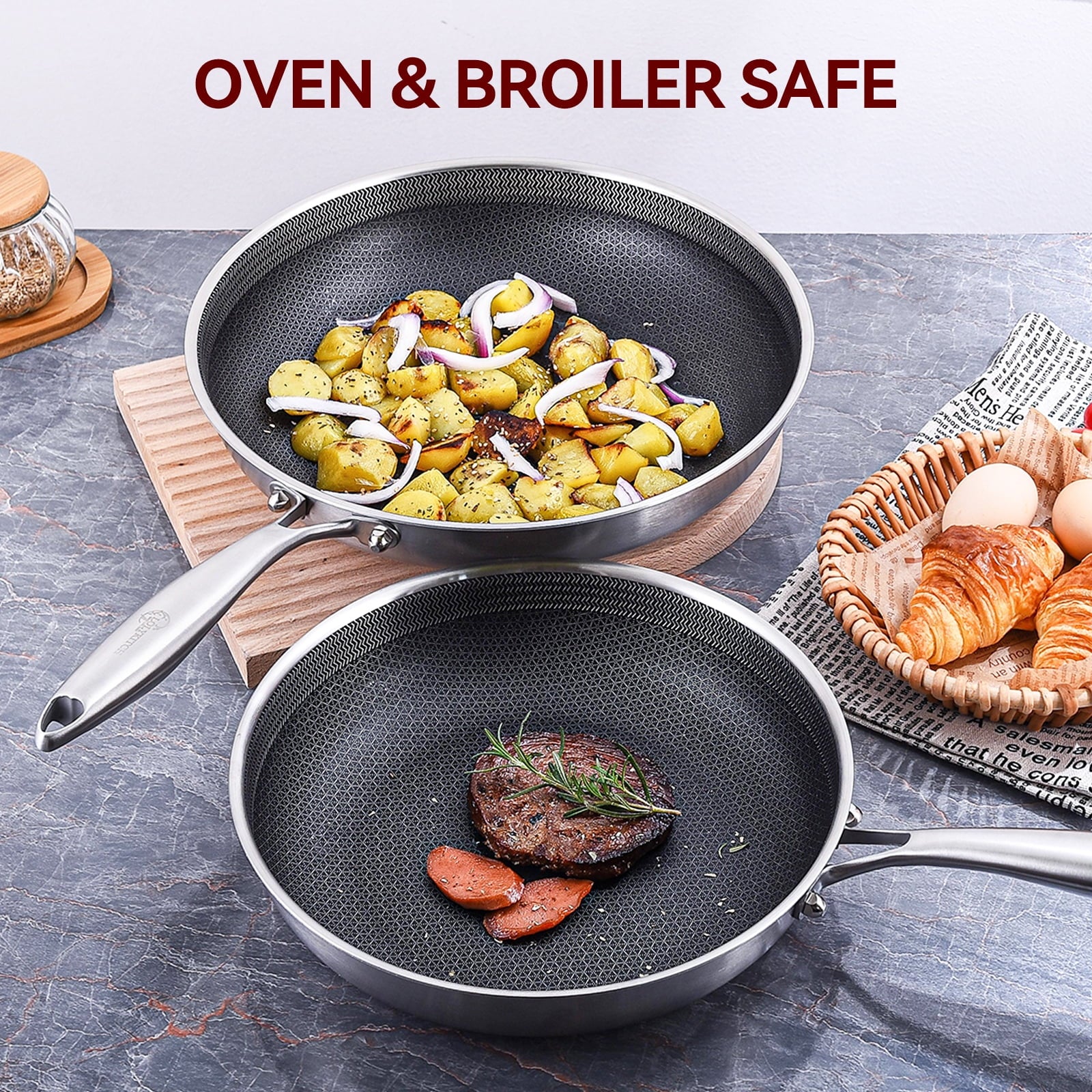 LOLYKITCH Tri-ply Hybrid Non-Stick Frying Pan with Lid,12 inch Skillet,Induction Cooking Pan,Dishwasher and Oven Safe,Detachable Handle.