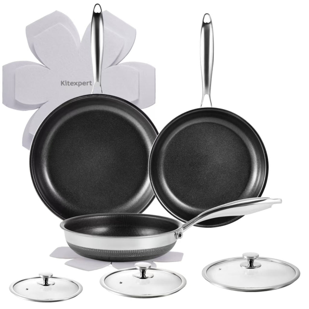 KITEXPERT Nonstick Frying Pans Set, 6 Pcs (8, 10, 12") Skillet with Lid, Non-Toxic Titanium Ceramic Pan, Dishwasher & Oven Safe, All Cooktops Compatible
