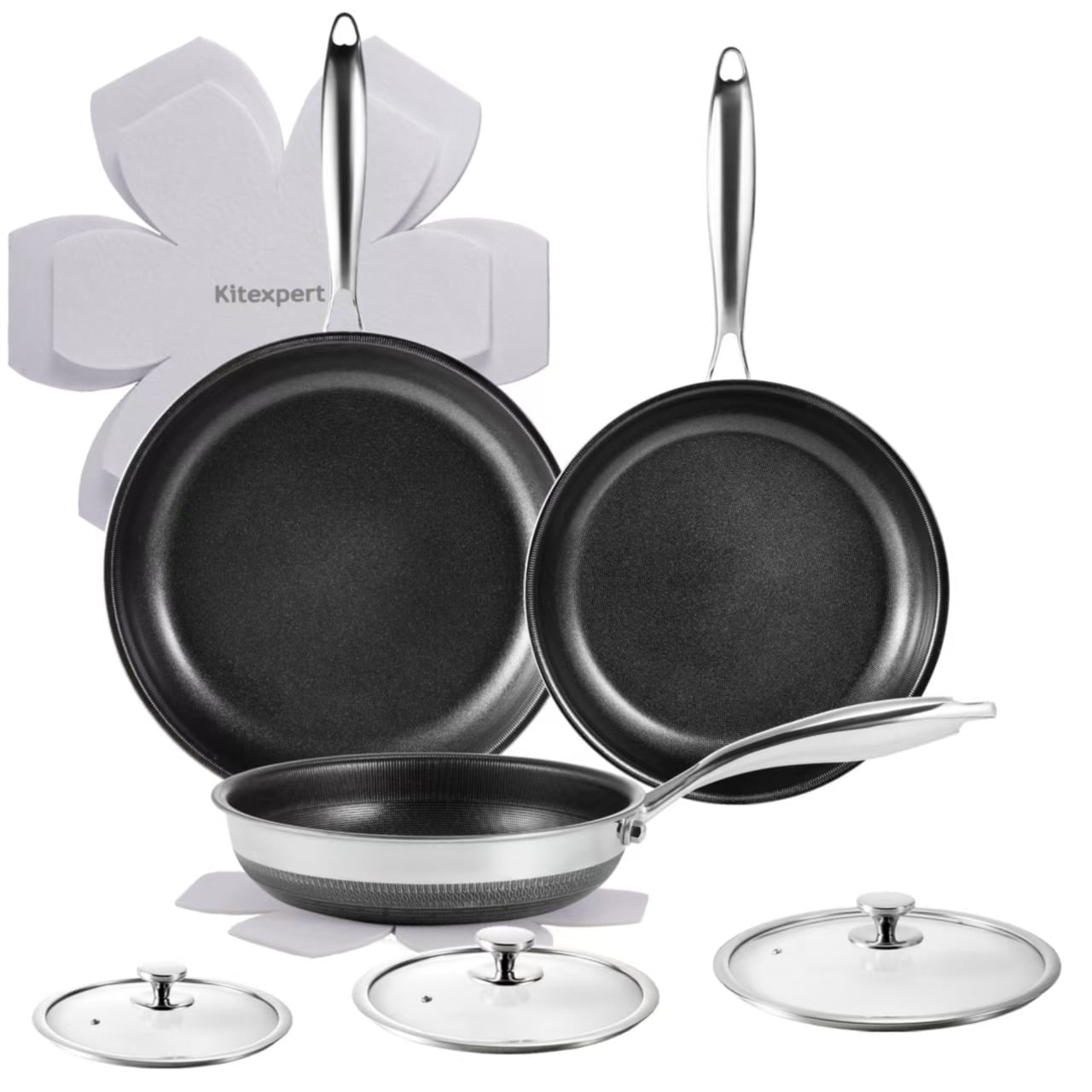 KITEXPERT Nonstick Frying Pans Set, 6 Pcs (8, 10, 12") Skillet with Lid, Non-Toxic Titanium Ceramic Pan, Dishwasher & Oven Safe, All Cooktops Compatible