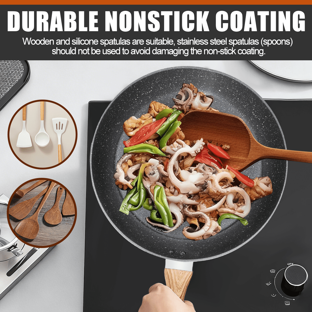 Soulfox 3-Piece Granite Nonstick Fry Pan Set with Lid 8.6/9.4/11" Aluminum All Stove&Dishwasher Safe