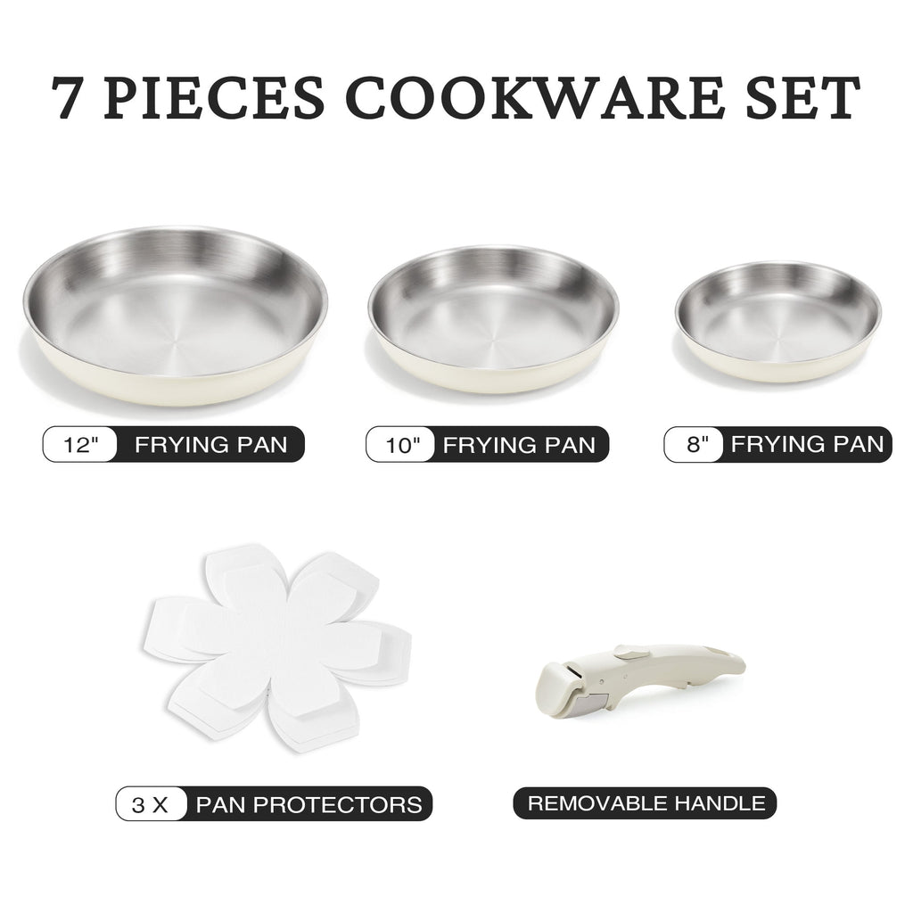 KITEXPERT Non-Toxic Stainless Steel Frying Pan (8",10",12"), Cookware Set Tri-Ply Nonstick Skillet Pans with Removable Handles, Dishwasher & Oven Safe, All Stovetops Compatible, Beige