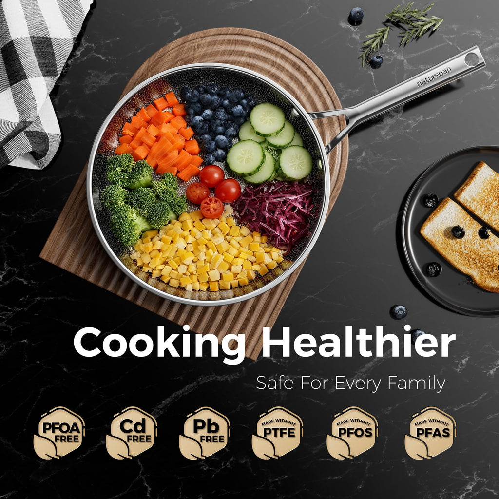 naturepan 11 Inch 3-Ply Hybrid Ceramic Frying Pan, Diamond-Titanium Nonstick Stainless Steel Pan, Hexagon Surface, Dishwasher Safe & Oven Safe