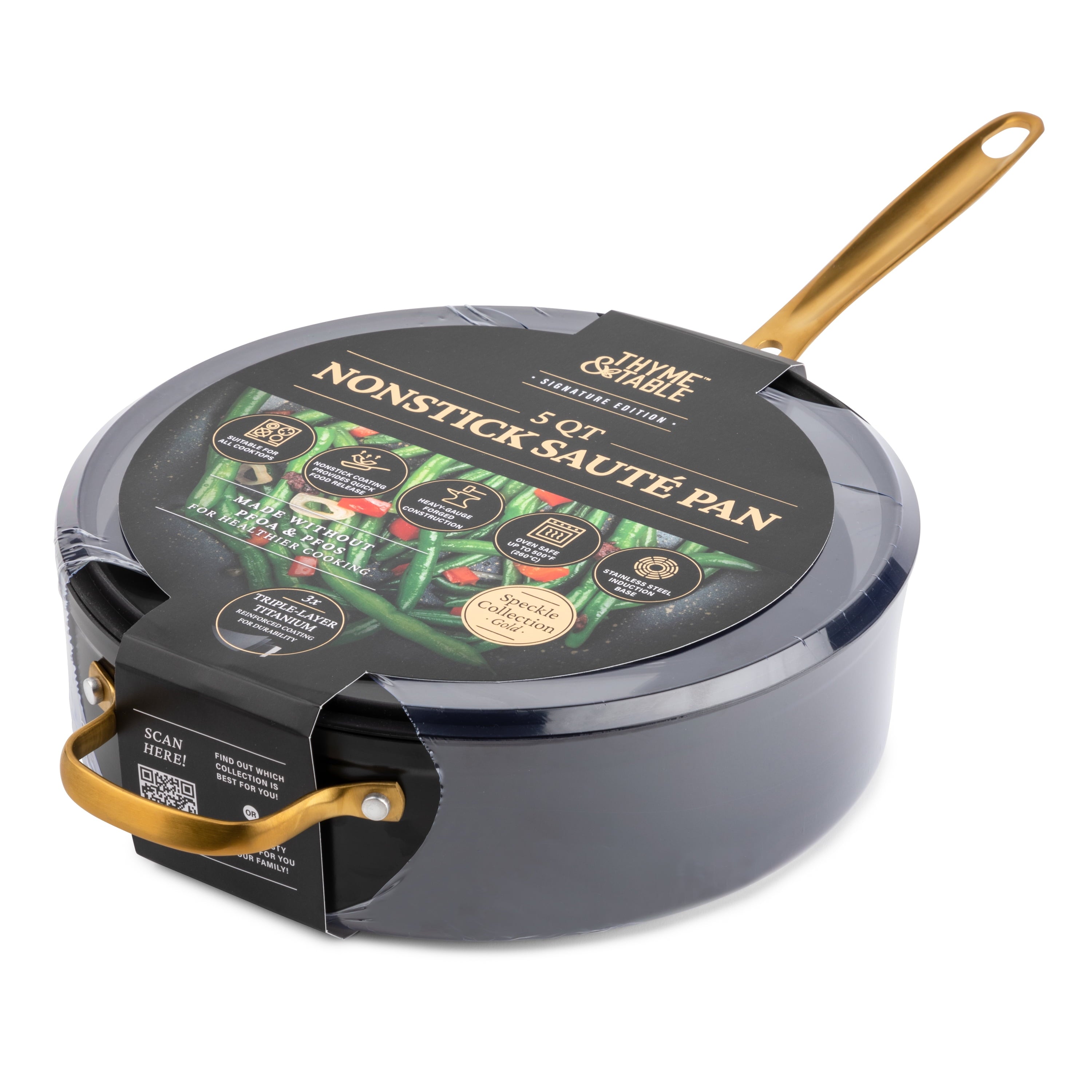 Thyme & Table Non-Stick 5 Quart Signature Sauté Pan with Glass Lid, Black & Gold