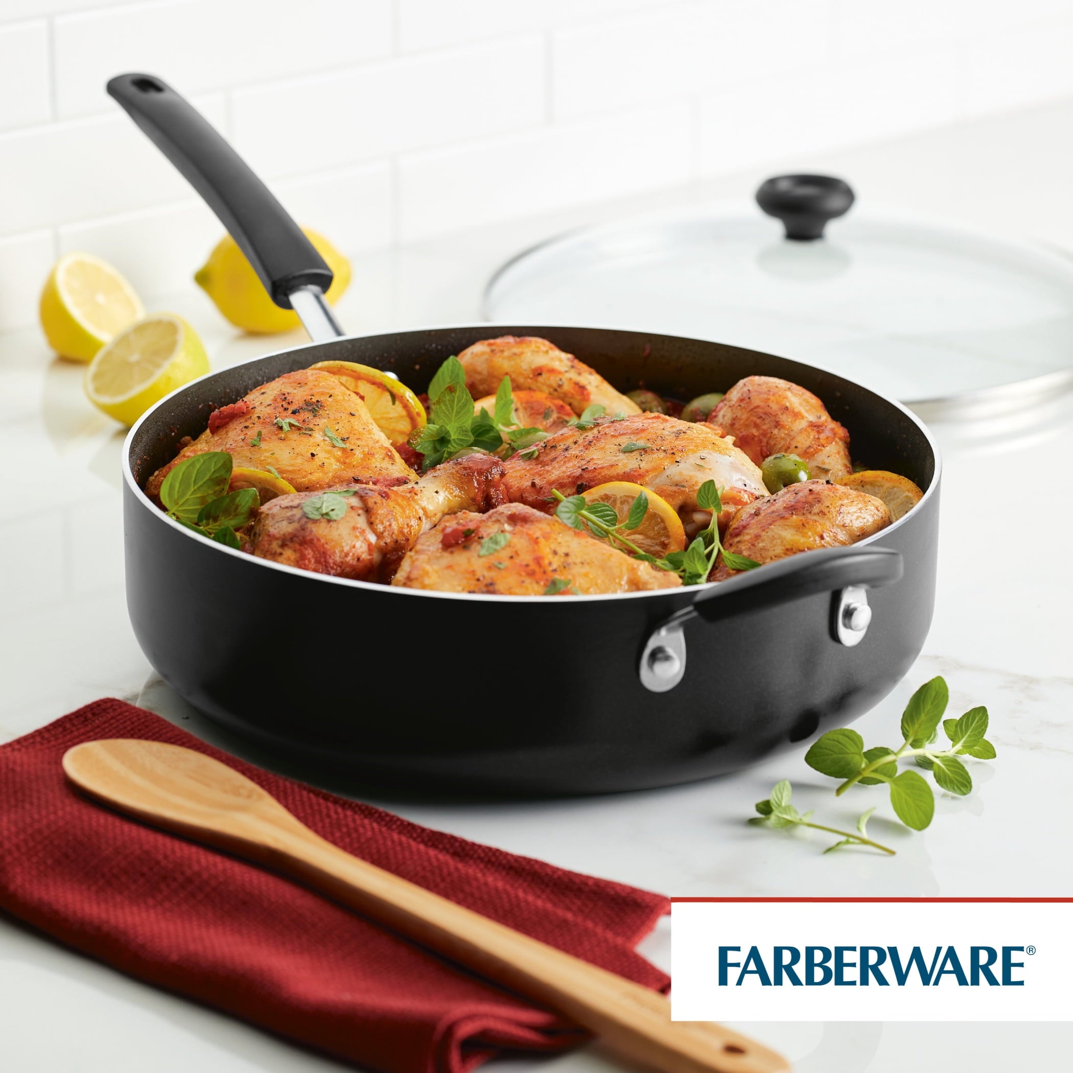 Farberware Easy Clean 6 Quart Nonstick Jumbo Cooker / Chef's Pan with Helper Handle and Glass Lid, Great for Family Meals, Dishwasher Safe, Black