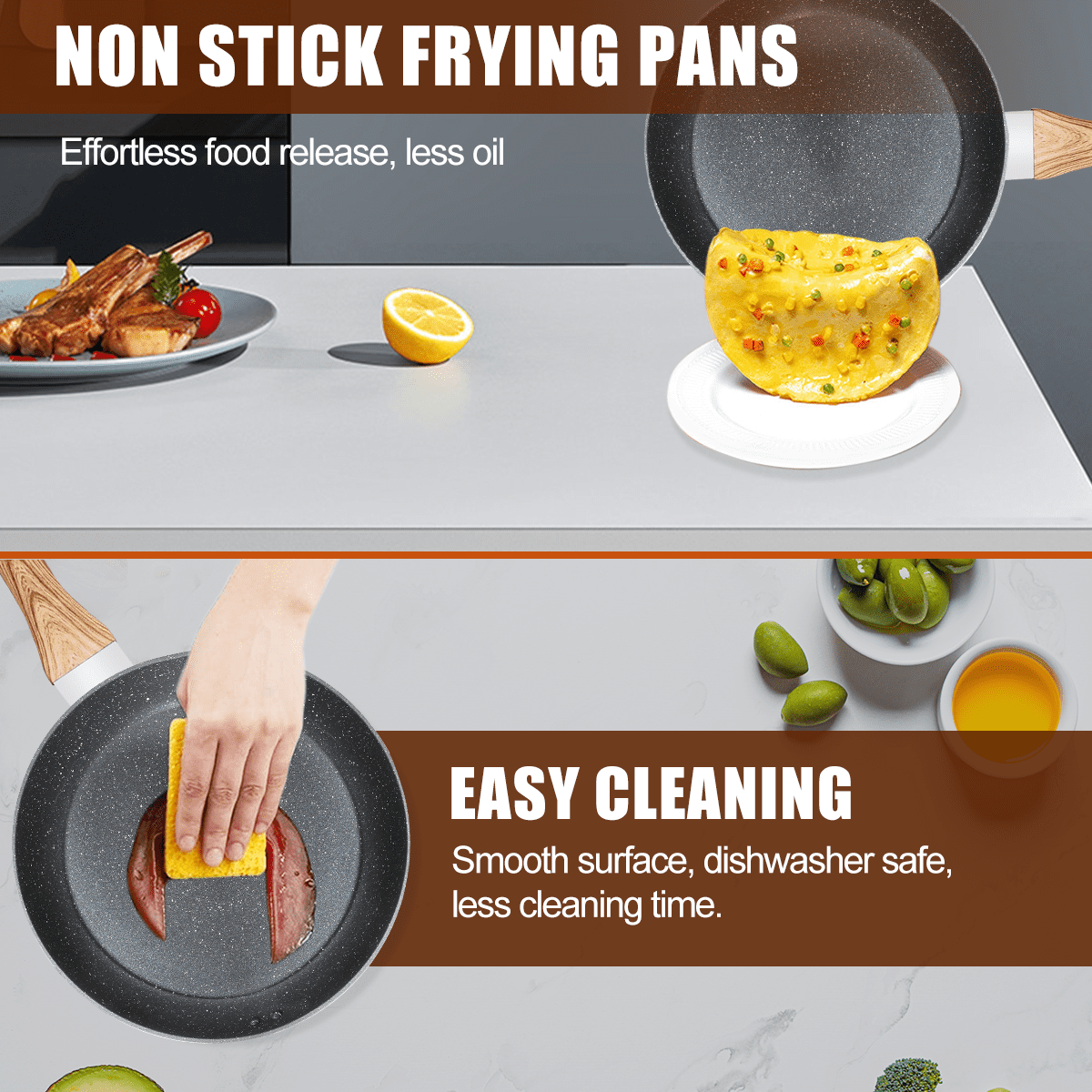 Soulfox 3-Piece Granite Nonstick Fry Pan Set with Lid 8.6/9.4/11" Aluminum All Stove&Dishwasher Safe