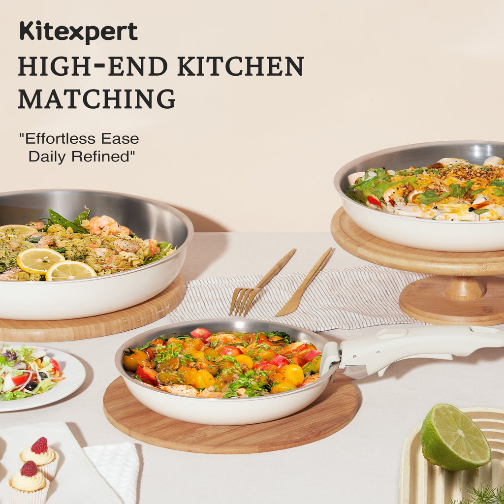 KITEXPERT Non-Toxic Stainless Steel Frying Pan (8",10",12"), Cookware Set Tri-Ply Nonstick Skillet Pans with Removable Handles, Dishwasher & Oven Safe, All Stovetops Compatible, Beige