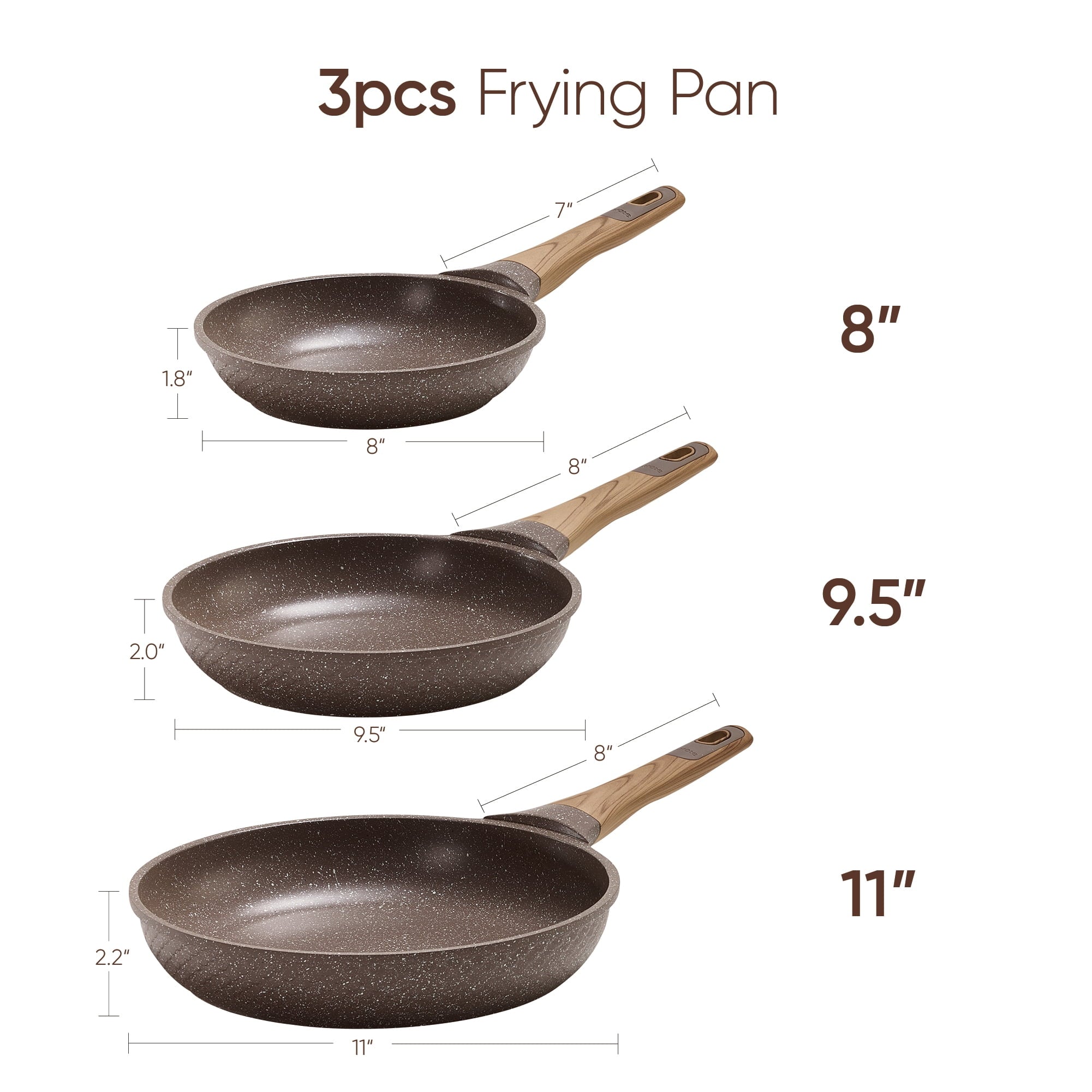 Carote 3-Piece Nonstick Frying Pan Set, 8", 9.5" & 11" Granite Skillets, Induction Cookware Essentials