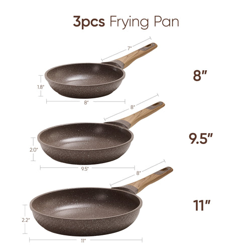 Carote 3-Piece Nonstick Frying Pan Set, 8", 9.5" & 11" Granite Skillets, Induction Cookware Essentials