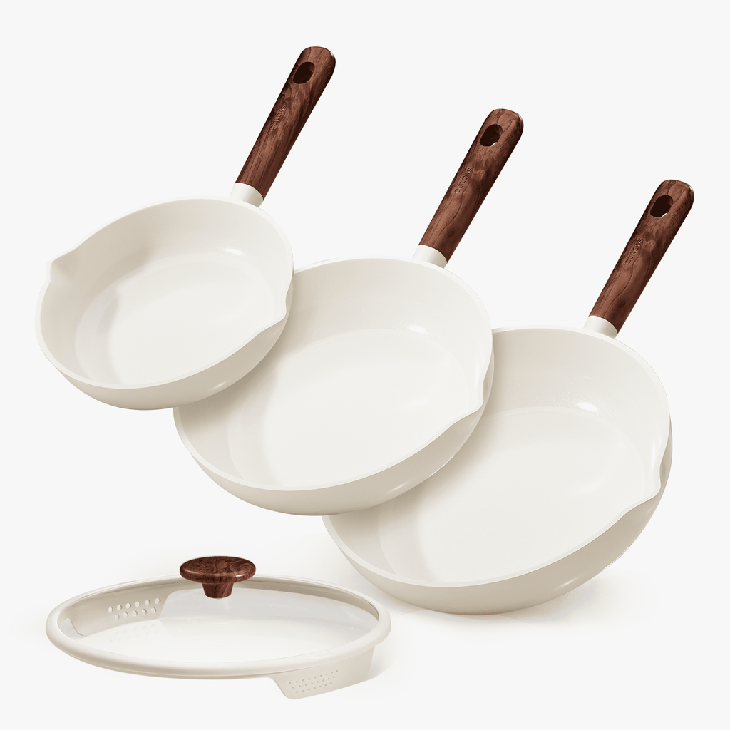 Carote 4-Piece Nonstick Frying Pan Set, 8"&9.5"&11" Skillets with Strainer Lid, White