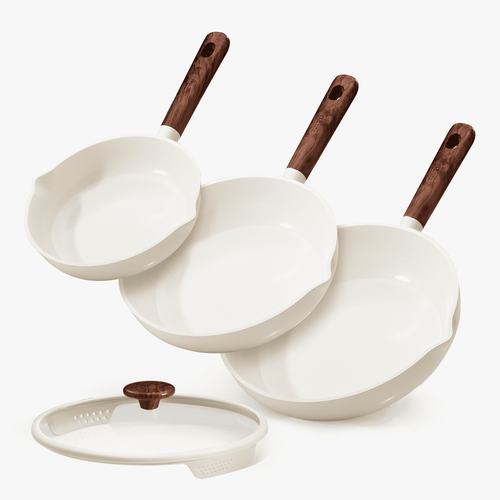 Carote 4-Piece Nonstick Frying Pan Set, 8"&9.5"&11" Skillets with Strainer Lid, White