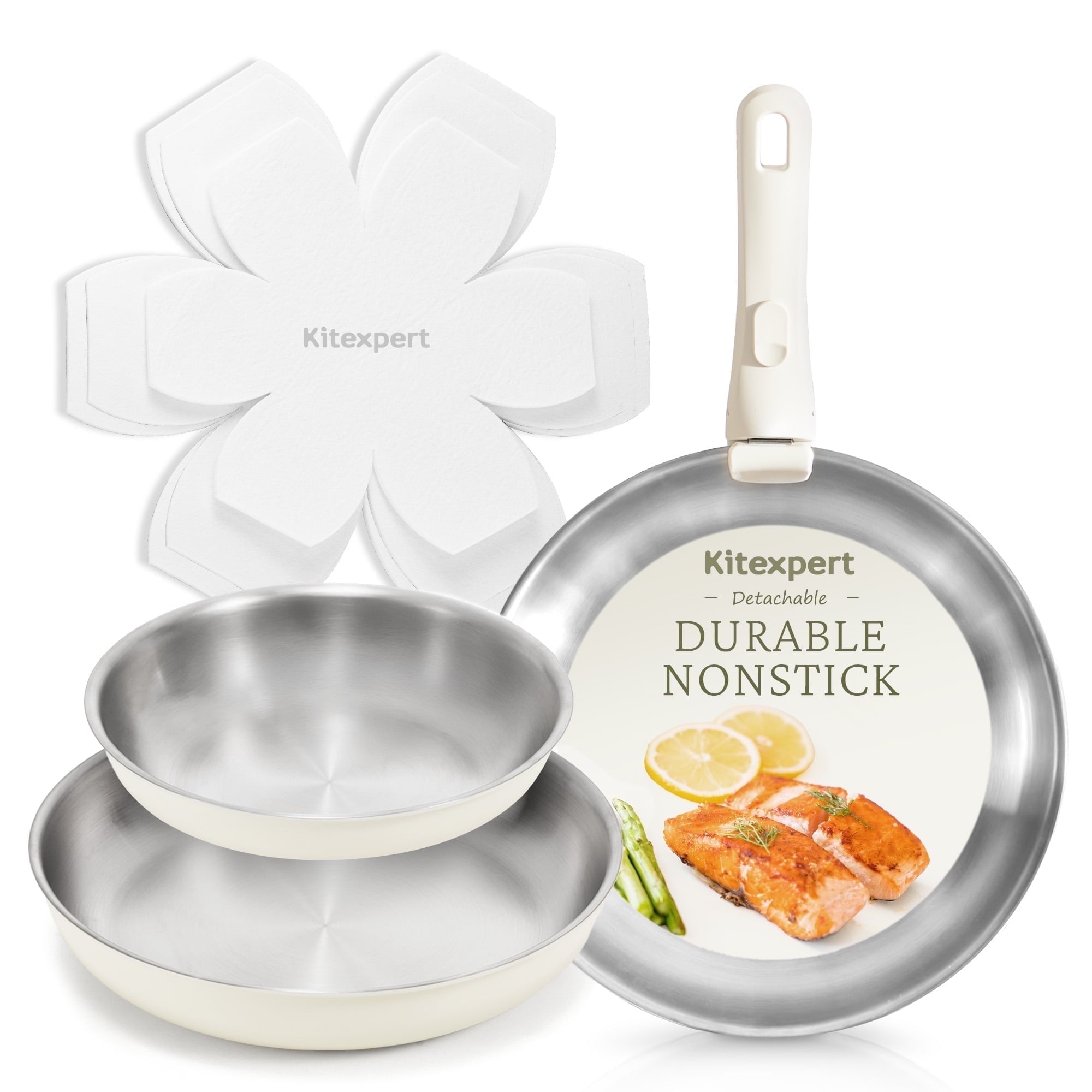 KITEXPERT Non-Toxic Stainless Steel Frying Pan (8",10",12"), Cookware Set Tri-Ply Nonstick Skillet Pans with Removable Handles, Dishwasher & Oven Safe, All Stovetops Compatible, Beige
