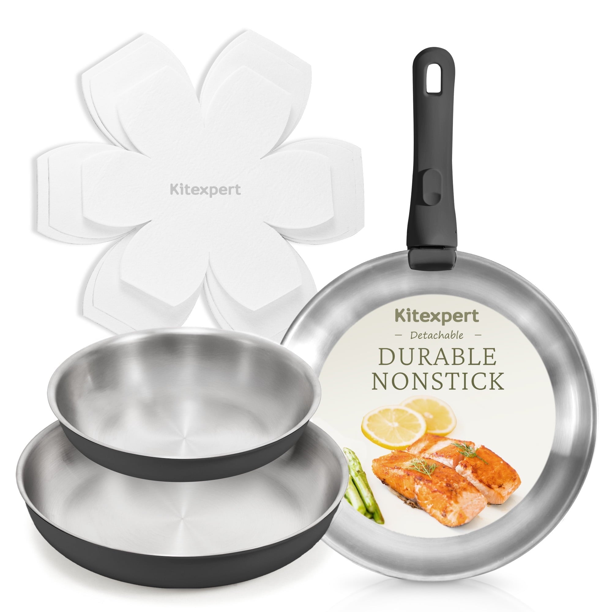 KITEXPERT Non-Toxic Stainless Steel Frying Pan (8",10",12"), Cookware Set Tri-Ply Nonstick Skillet Pans with Removable Handles, Dishwasher & Oven Safe, All Stovetops Compatible, Beige