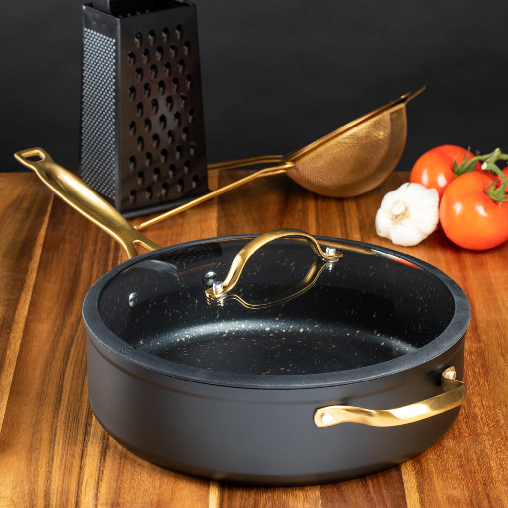 Thyme & Table Non-Stick 5 Quart Signature Sauté Pan with Glass Lid, Black & Gold