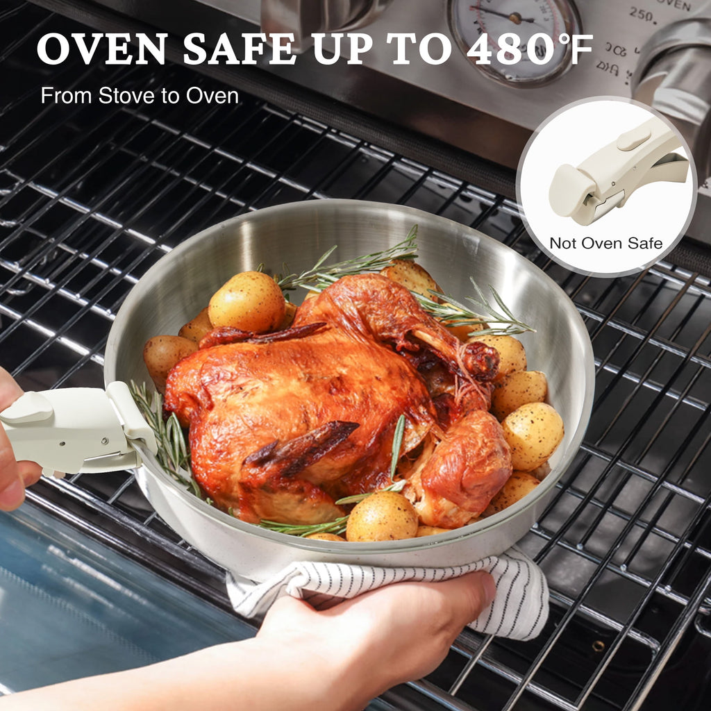 KITEXPERT Non-Toxic Stainless Steel Frying Pan (8",10",12"), Cookware Set Tri-Ply Nonstick Skillet Pans with Removable Handles, Dishwasher & Oven Safe, All Stovetops Compatible, Beige