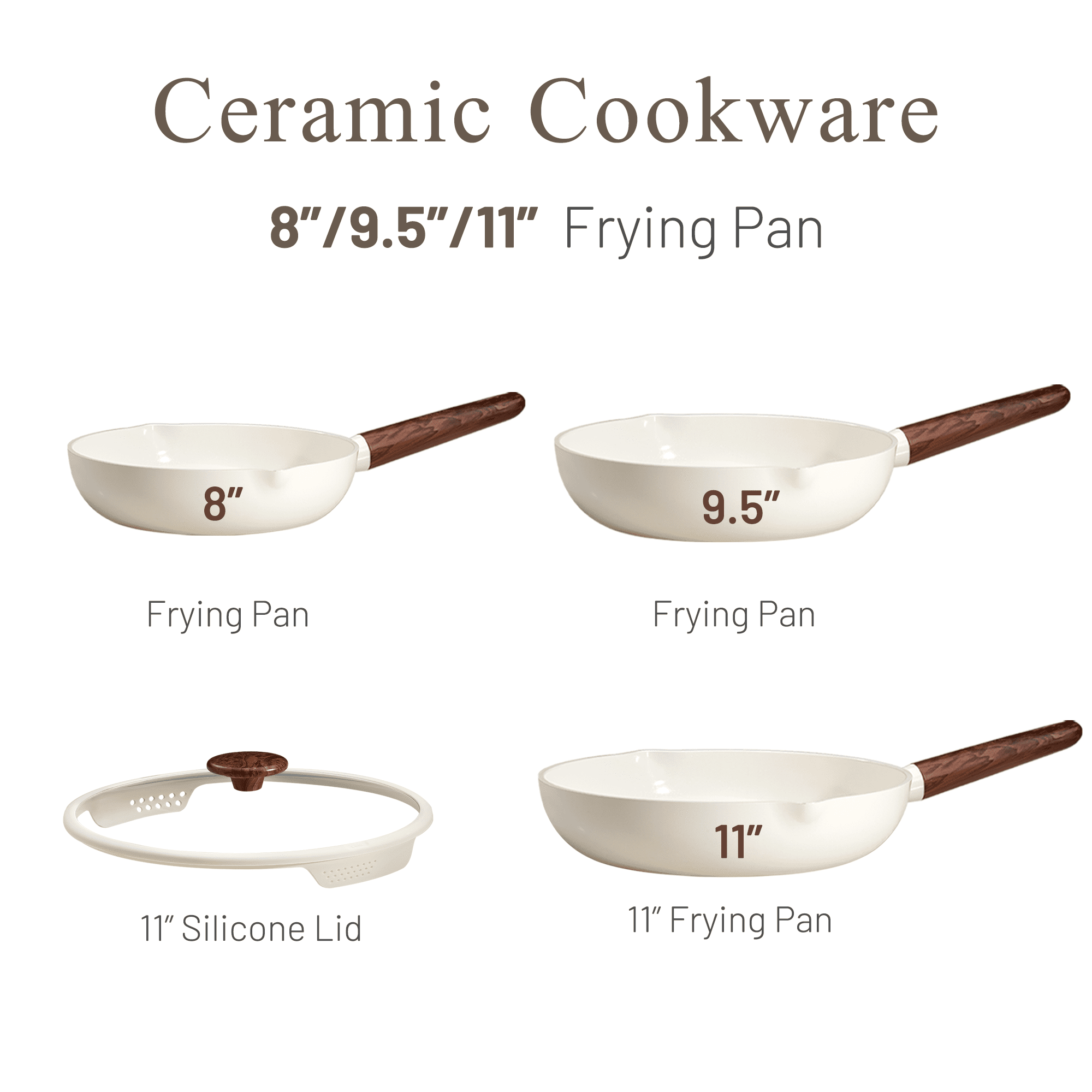 Carote 4-Piece Nonstick Frying Pan Set, 8"&9.5"&11" Skillets with Strainer Lid, White