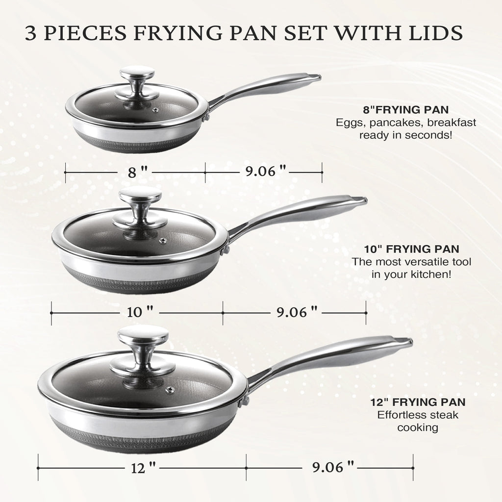 KITEXPERT Nonstick Frying Pans Set, 6 Pcs (8, 10, 12") Skillet with Lid, Non-Toxic Titanium Ceramic Pan, Dishwasher & Oven Safe, All Cooktops Compatible