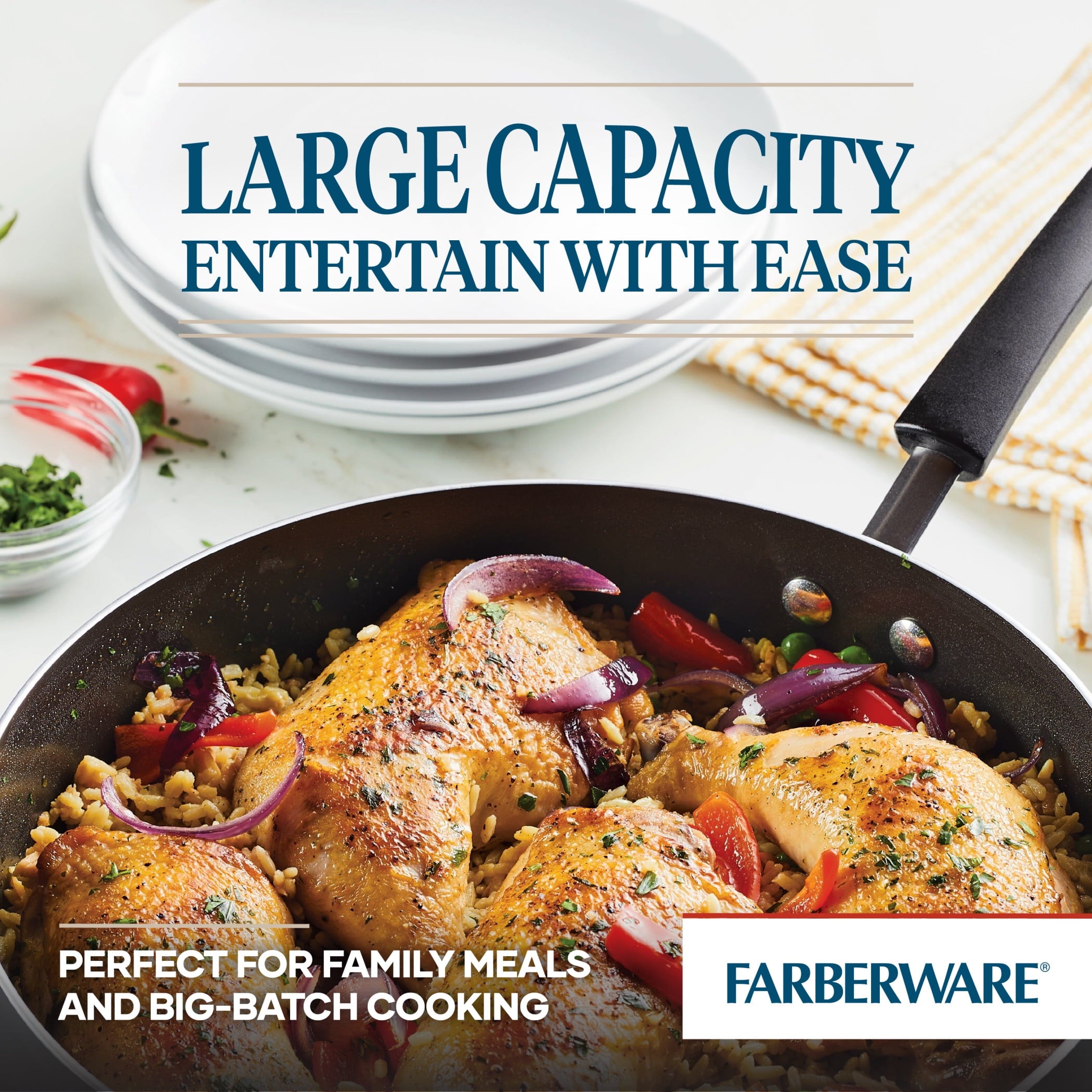 Farberware Easy Clean 6 Quart Nonstick Jumbo Cooker / Chef's Pan with Helper Handle and Glass Lid, Great for Family Meals, Dishwasher Safe, Black