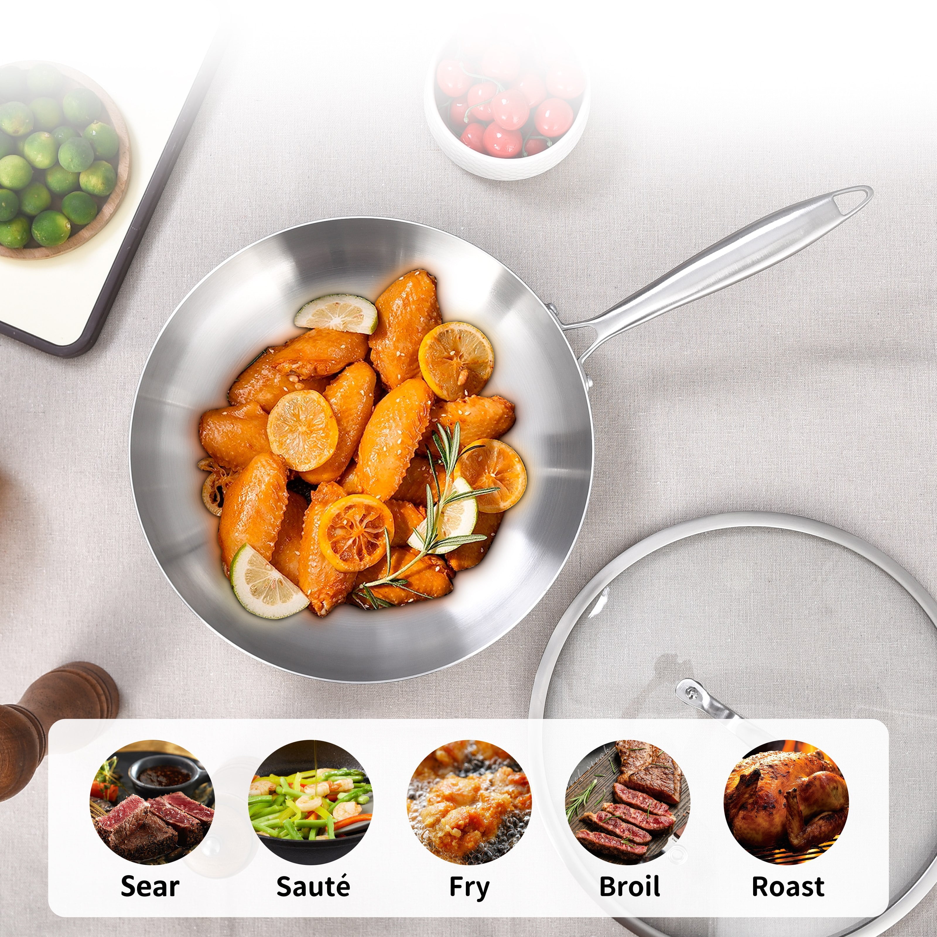 LOLYKITCH Stainless Steel Frying Pan with Lid,12 inch Tri-ply Skillet,Induction Pan,Dishwasher and Oven Safe,Detachable Handle.