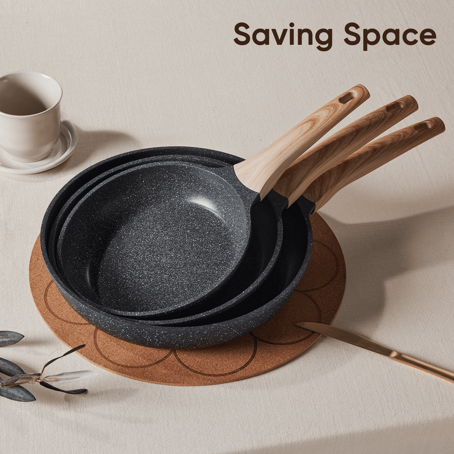 Carote 3-Piece Nonstick Frying Pan Set, 8", 9.5" & 11" Skillets, Induction Compatible Cookware