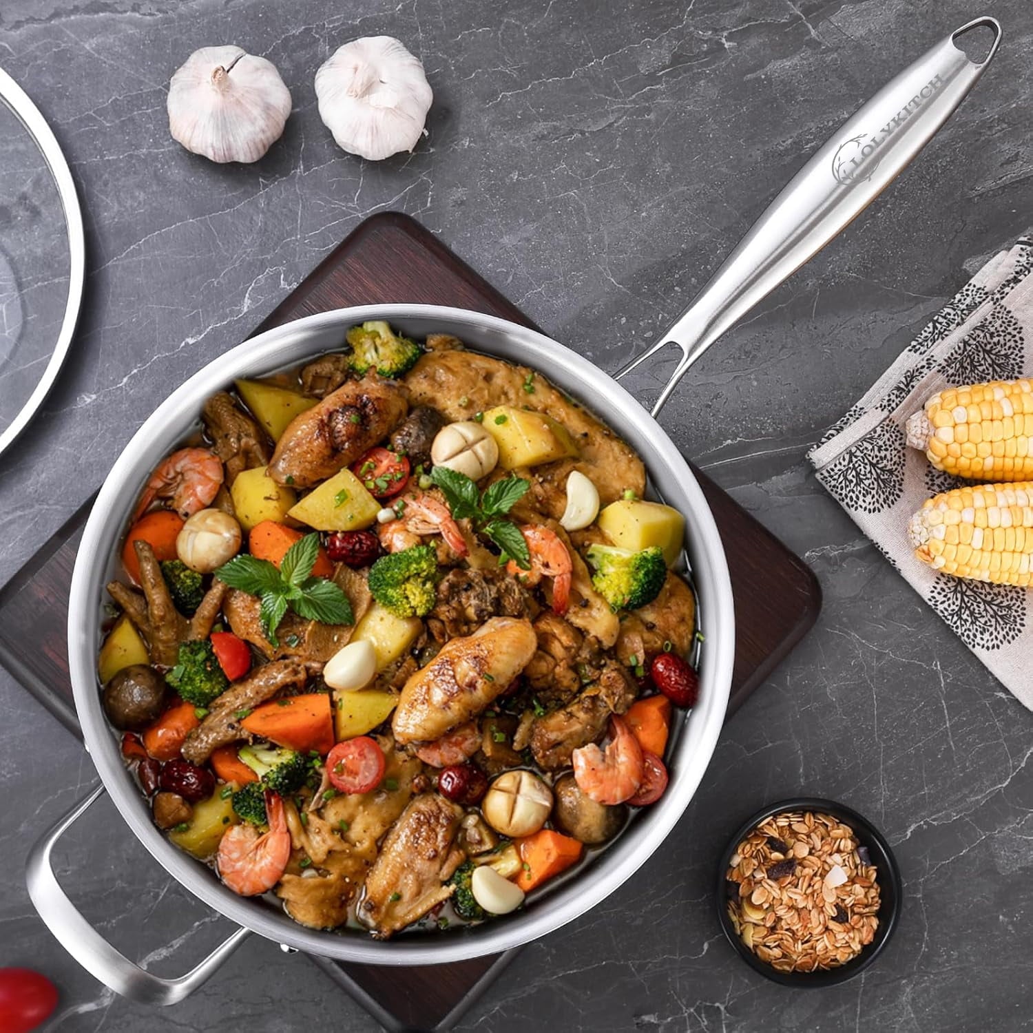 LOLYKITCH Tri-ply Stainless Steel 6QT Sauté Pan with Lid,12 inch Deep Frying Pan,Jumbo Cooker,Dishwasher and Oven Safe,Detachable Handle.