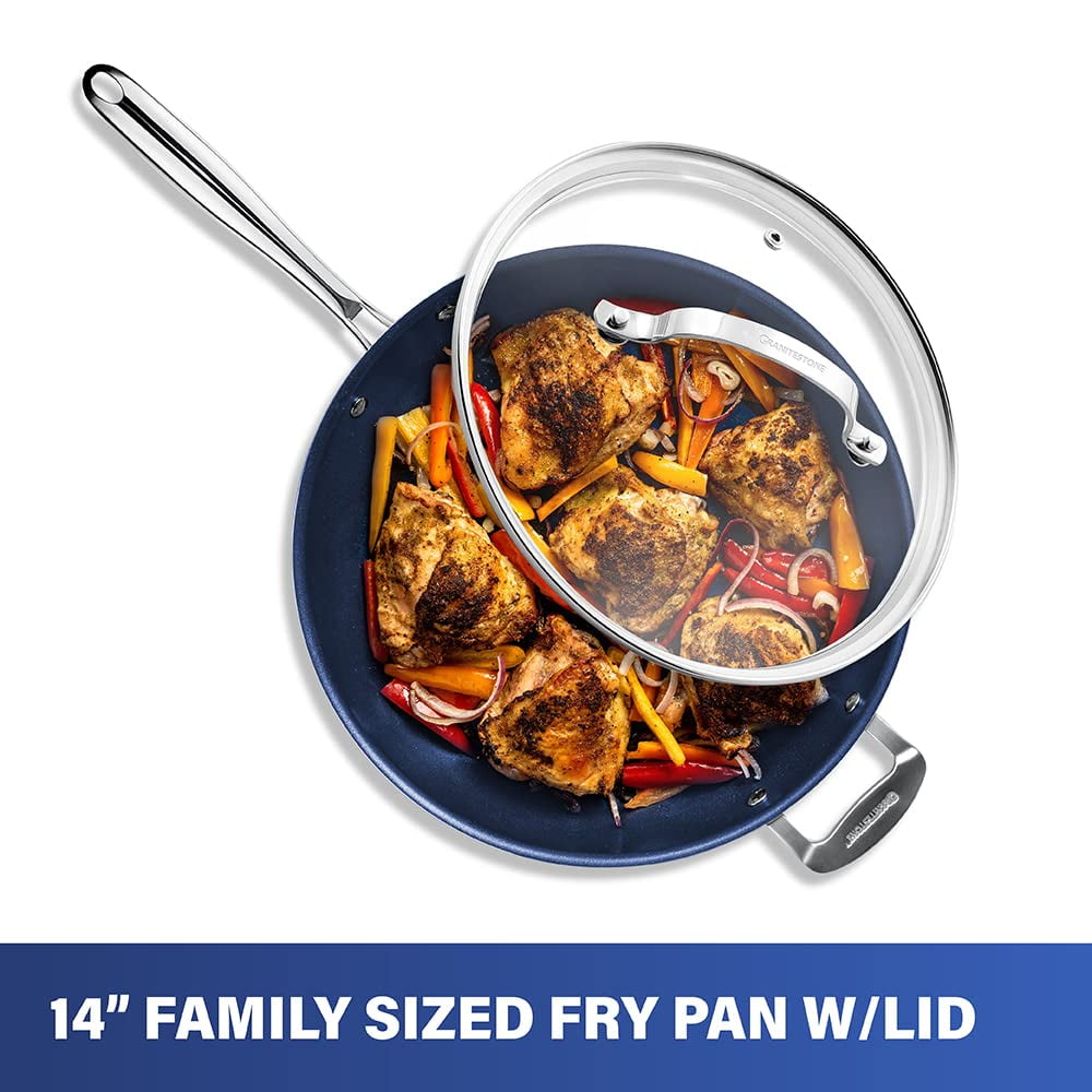 Granitestone Armor Max 14 Inch Frying Pan with Lid, Large Non Stick Skillet for Cooking, Frying Pans Nonstick, Ultra Durable Mineral and Diamond Coating, Skillet, Oven/Dishwasher Safe, Blue