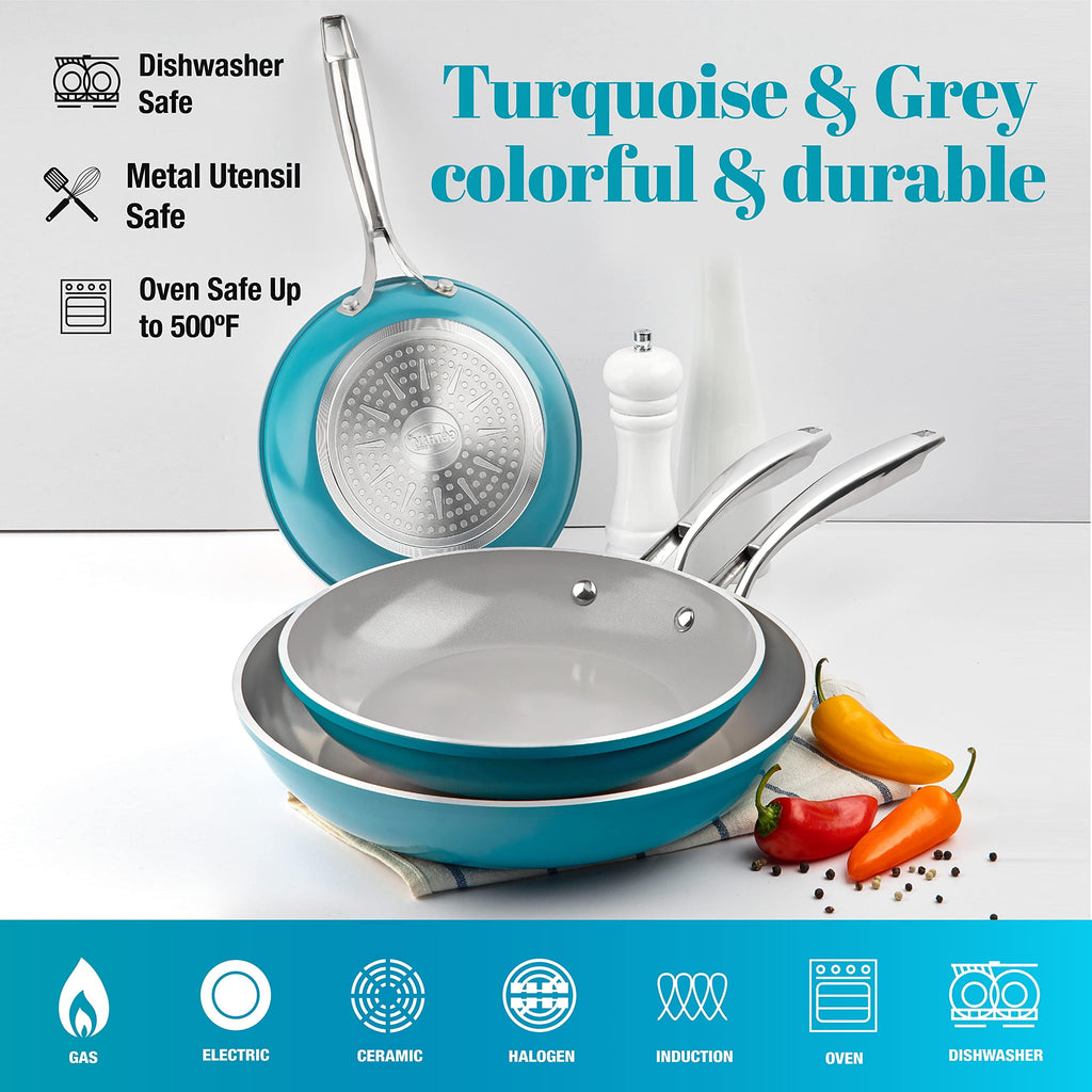 Gotham Steel Diamond Nonstick Frying Pan 3 Piece Set Skillets Ceramic Cooking Pan Induction Oven Safe Aqua Blue Gray