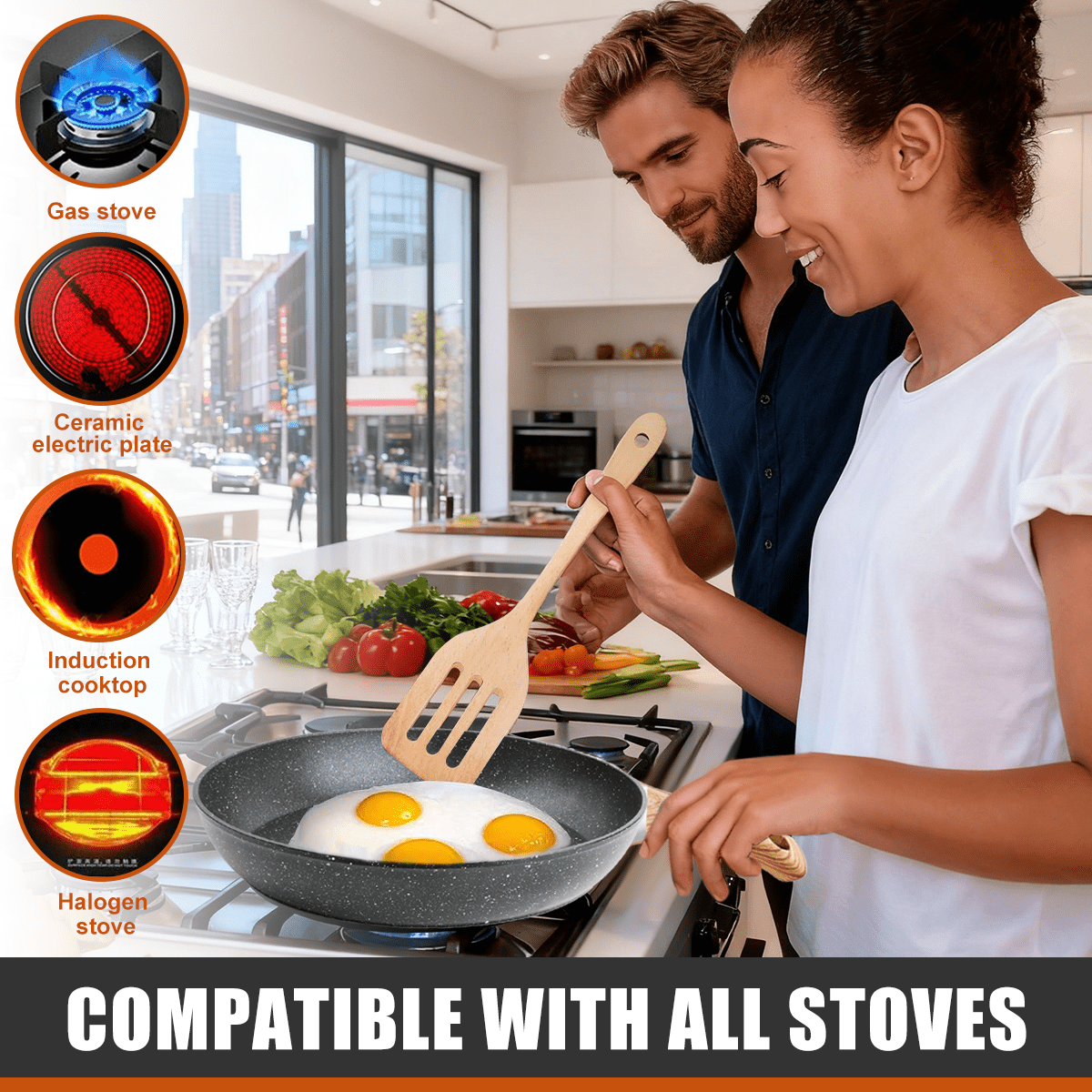 Soulfox 3-Piece Granite Nonstick Fry Pan Set with Lid 8.6/9.4/11" Aluminum All Stove&Dishwasher Safe