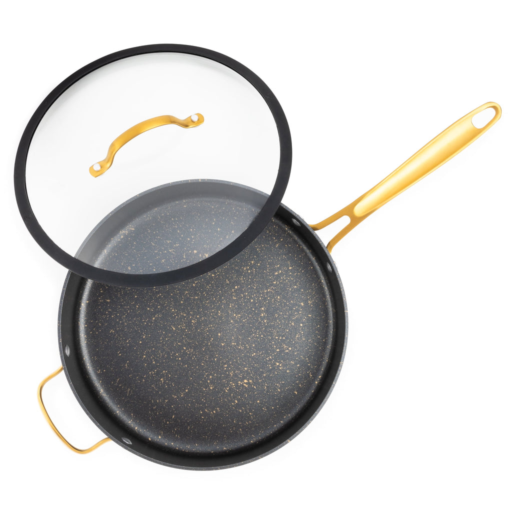 Thyme & Table Non-Stick 5 Quart Signature Sauté Pan with Glass Lid, Black & Gold