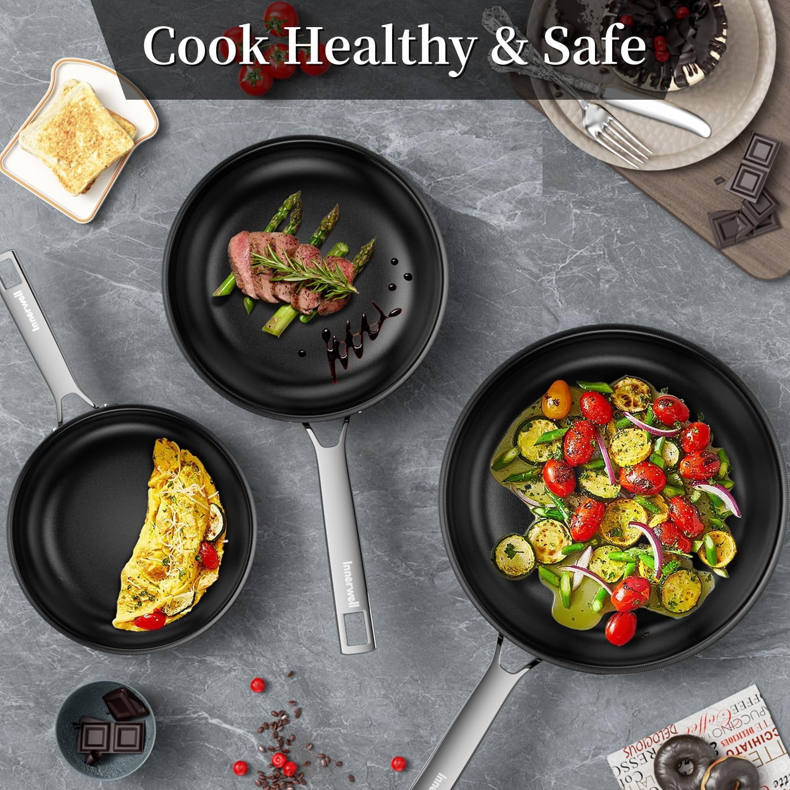 Innerwell 11 inch Stainless Steel Vintage Honeycomb ceramic lacquered frying pan with lid