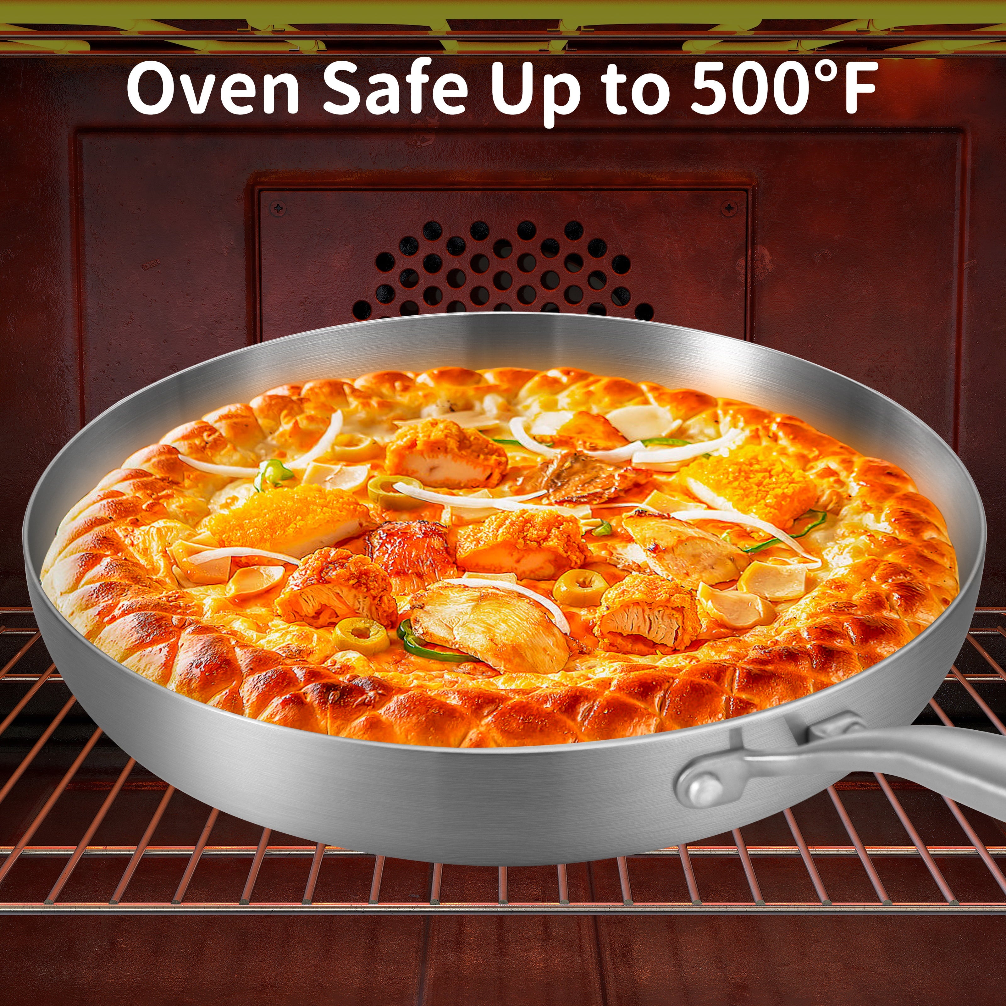 LOLYKITCH Stainless Steel Frying Pan with Lid,12 inch Tri-ply Skillet,Induction Pan,Dishwasher and Oven Safe,Detachable Handle.