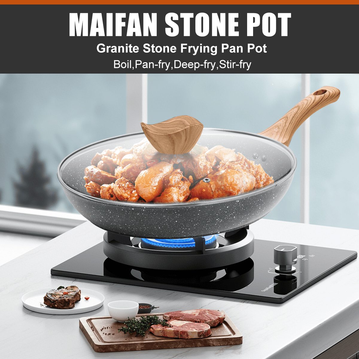 Soulfox 3-Piece Granite Nonstick Fry Pan Set with Lid 8.6/9.4/11" Aluminum All Stove&Dishwasher Safe