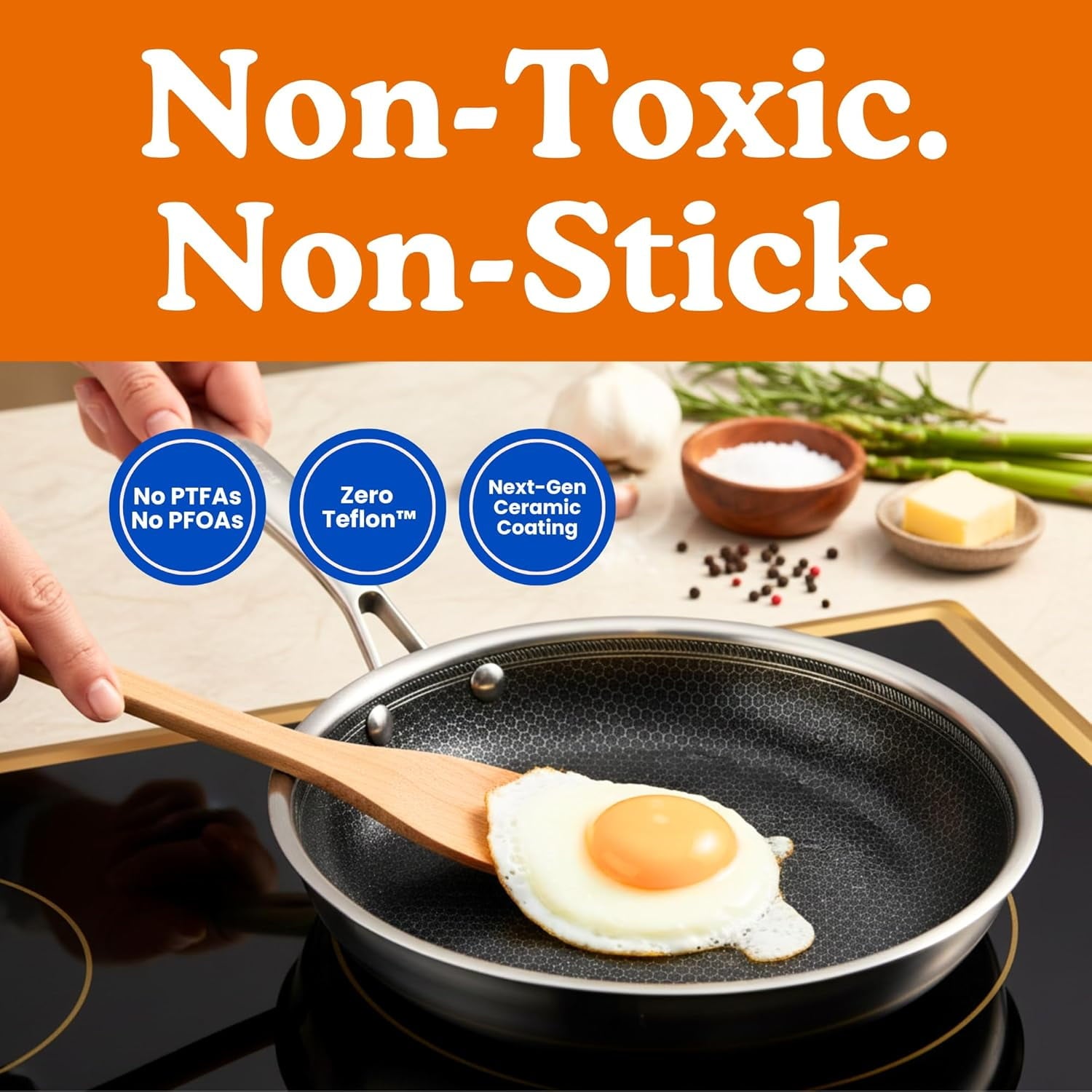 Non-Toxic Frying Pan, Non Stick 8" Fully Clad for Fast & Even Heat, PFOA-Free, Premium 304 SS Handle, Induction Compatible, Oven Safe