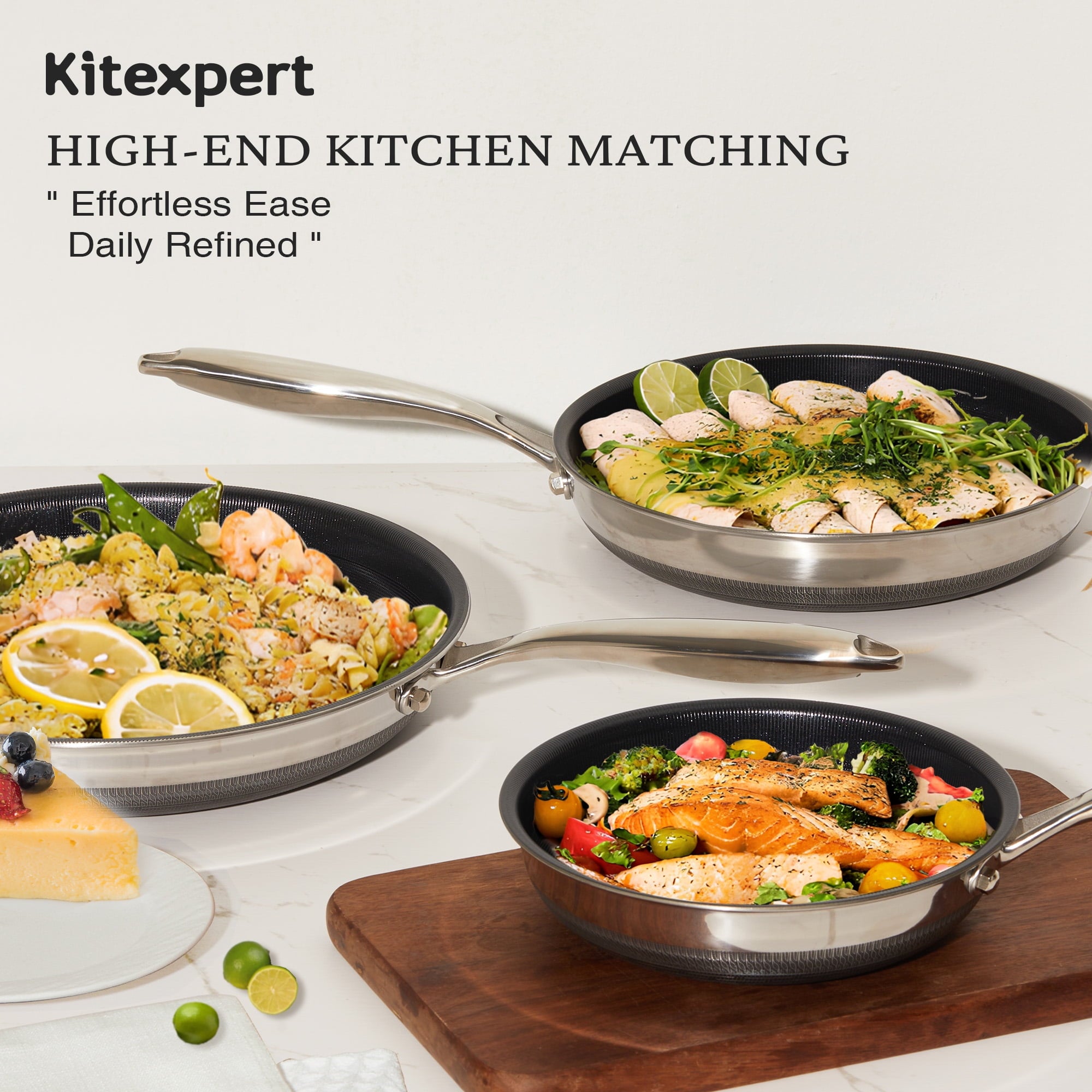 KITEXPERT Nonstick Frying Pans Set, 6 Pcs (8, 10, 12") Skillet with Lid, Non-Toxic Titanium Ceramic Pan, Dishwasher & Oven Safe, All Cooktops Compatible