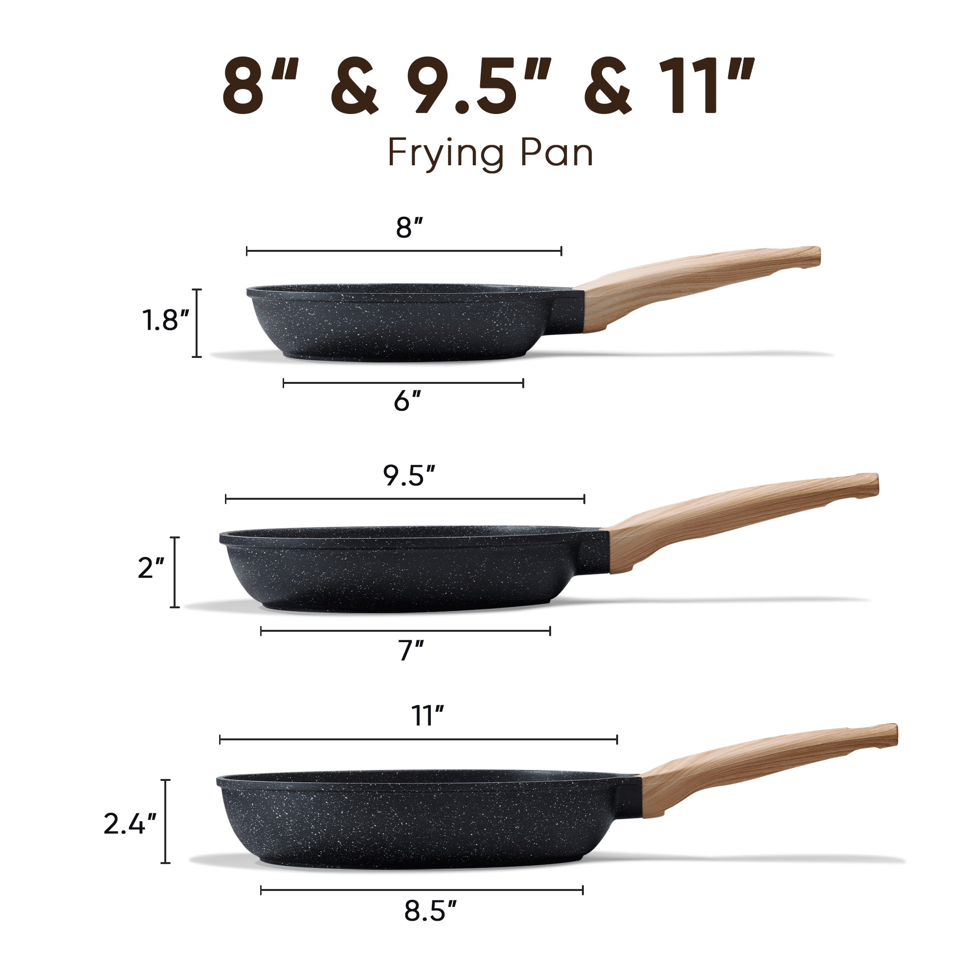 Carote 3-Piece Nonstick Frying Pan Set, 8", 9.5" & 11" Skillets, Induction Compatible Cookware