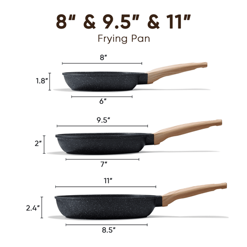 Carote 3-Piece Nonstick Frying Pan Set, 8", 9.5" & 11" Skillets, Induction Compatible Cookware